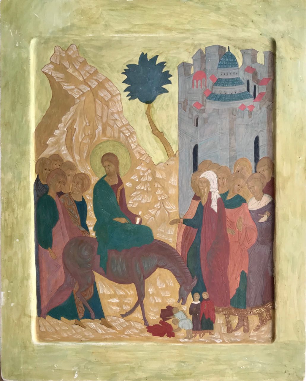 Entry of the Lord into Jerusalem, (process of work), egg tempera, wood gesso, canvas, 50x40, 2017.jpg