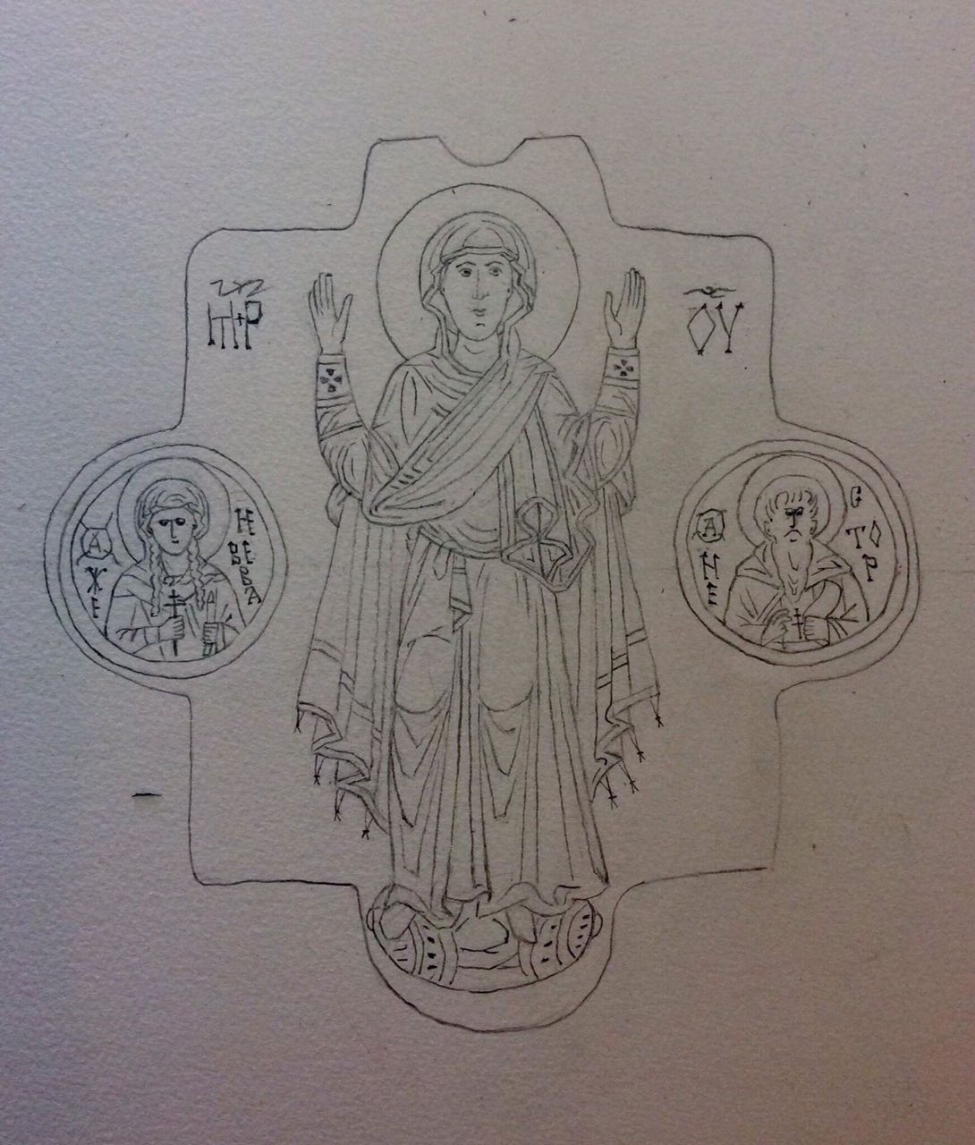 Mother of God with the saints Genevieve of Paris and Nestor the Chronicler, paper, pencil, drawing for the episcopal panagia, 2017.jpg