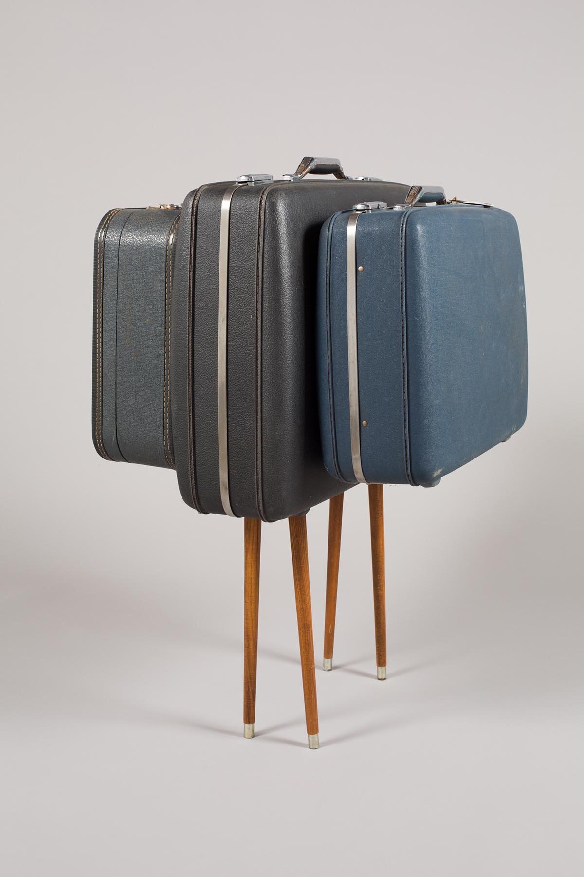   Mark Baugh-Sasaki, Mule Suitcases and wooden legs 40” x 36” x 30” 2019  