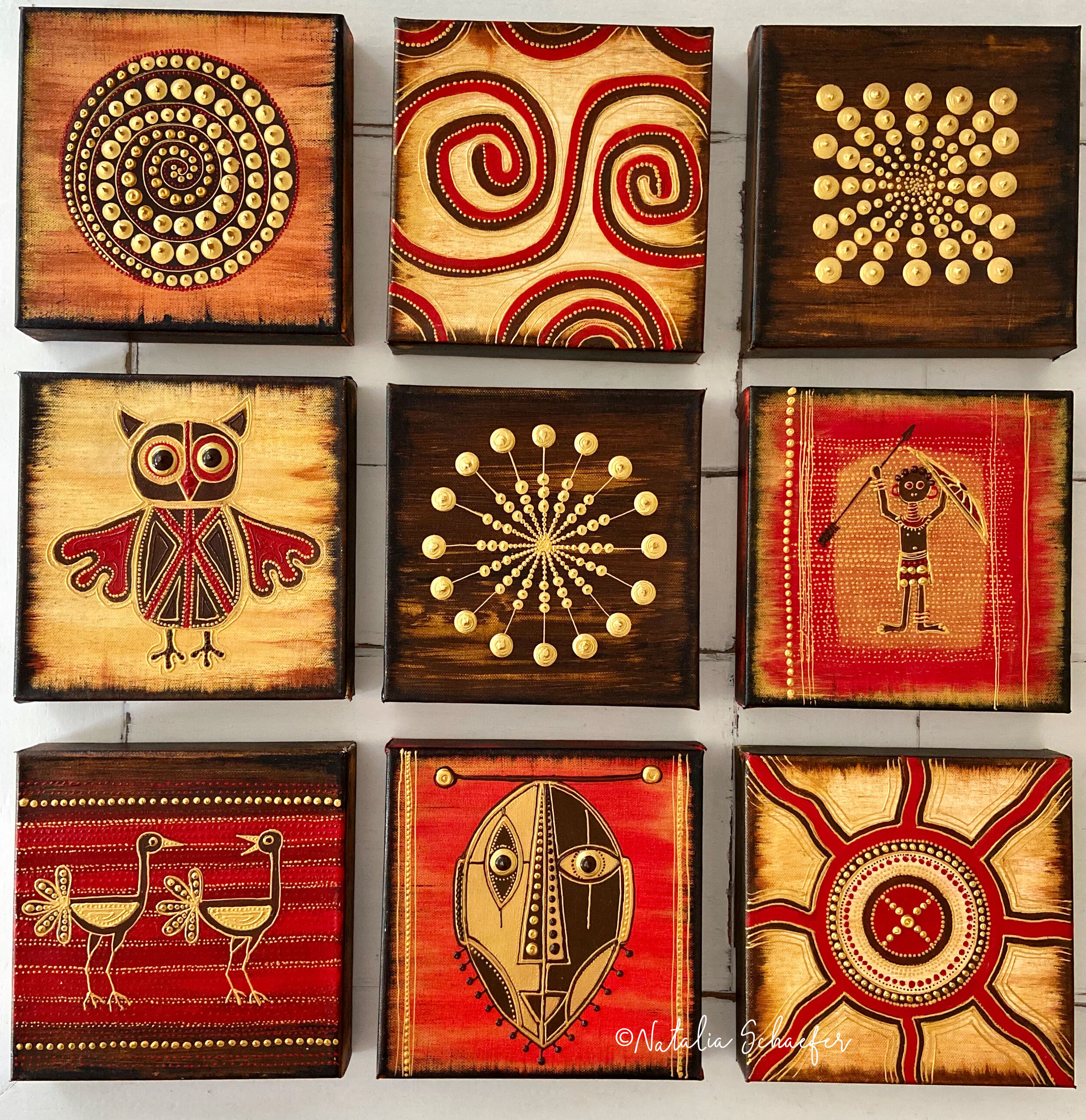 African Art Series red / mixed media on canvas / 9 x 20 x 20 cm
