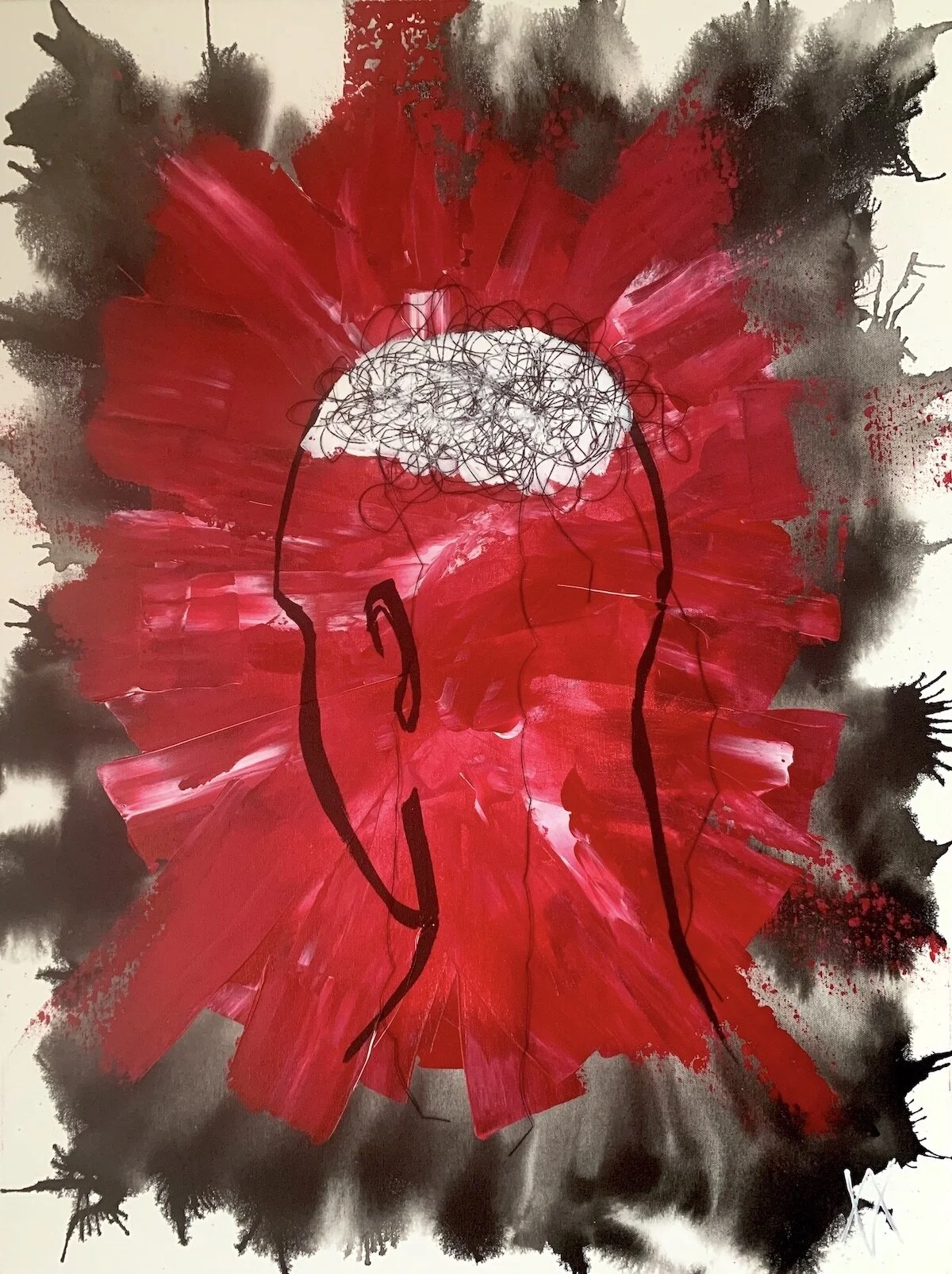 Do You Really Think?/ Acrylics, ink and threads on canvas/60 cm x 80 cm x 4 cm
