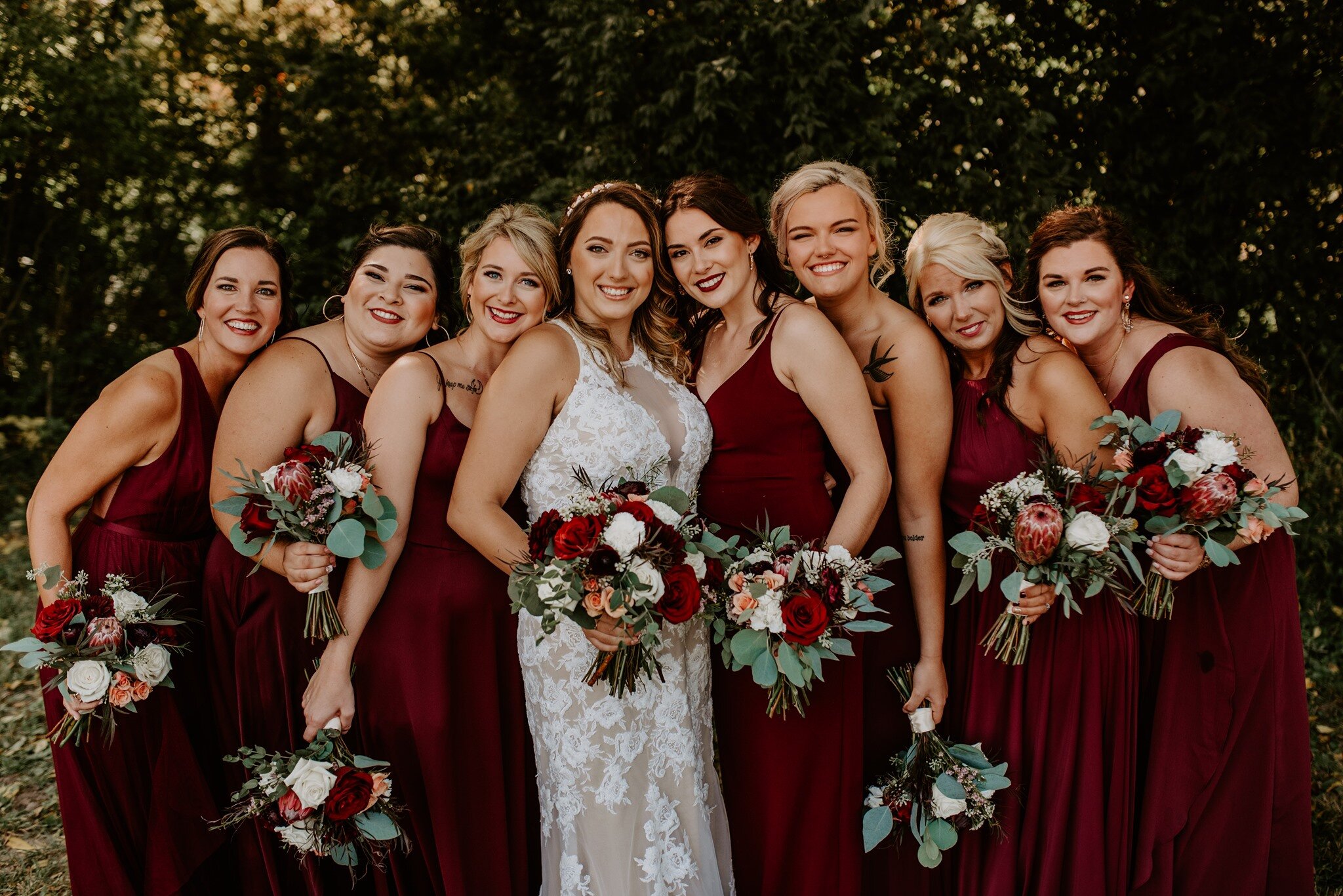 Burgundy Bridesmaid Dresses with bouquets.jpg