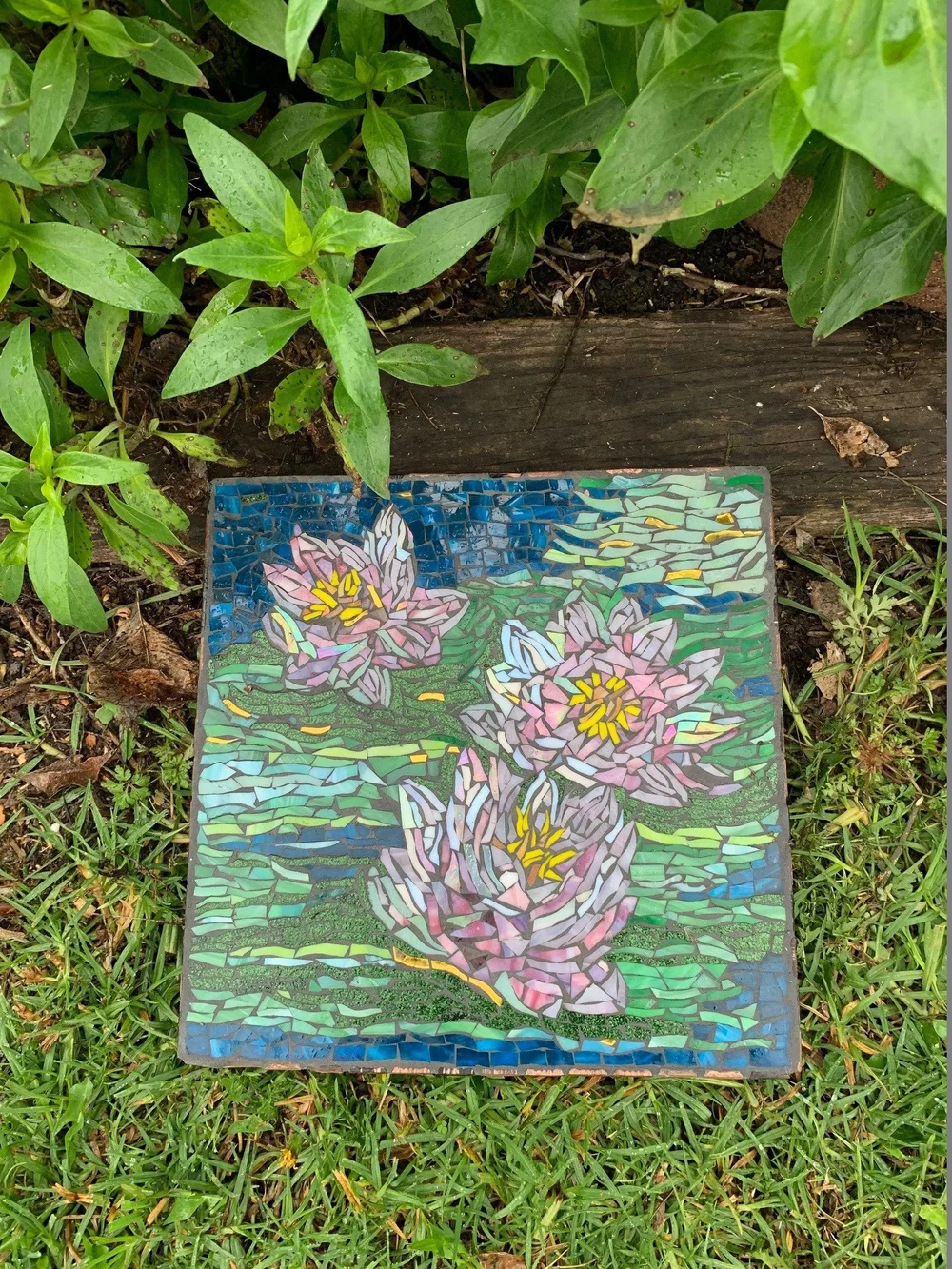 Pink Water Lily Stained Glass Mosaic Tile Garden Stepping Stone — Marin  Mosaics Custom Mosaics, image size:1000x1333
