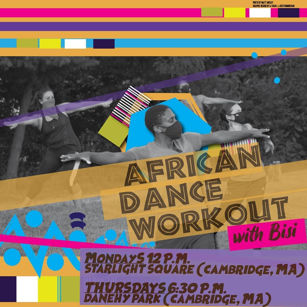 You have TWO chances to sweat with @mcedance this week during his African Dance class outdoors in Cambridge, MA. Mondays from 12-1pm ET at Starlight Square and Thursday from 6-7pm ET in Danehy Park. Grab your shoes, mask and water and sign up for cla