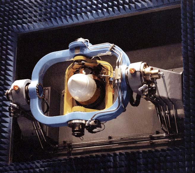 Harpoon missile seeker in one of the hardware-in-the-loop simulation laboratories; China Lake has carried on extensive product-improvement and production- and Fleet-support programs for weapons such as Harpoon, Sparrow, Maverick, and Tomahawk.