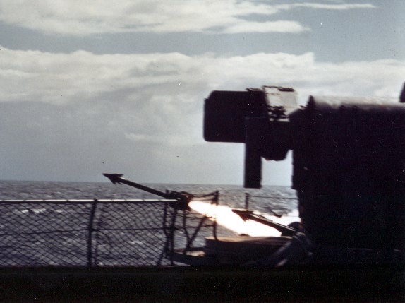 Sea Chaparral firing; China Lake modified the Army's Chaparral (Navy AIM-9D Sidewinder modified for surface-launch) system for shipboard use and fielded it in record time in 1972 in but one example of the quick-response capability of a full-spectrum in-house laboratory.