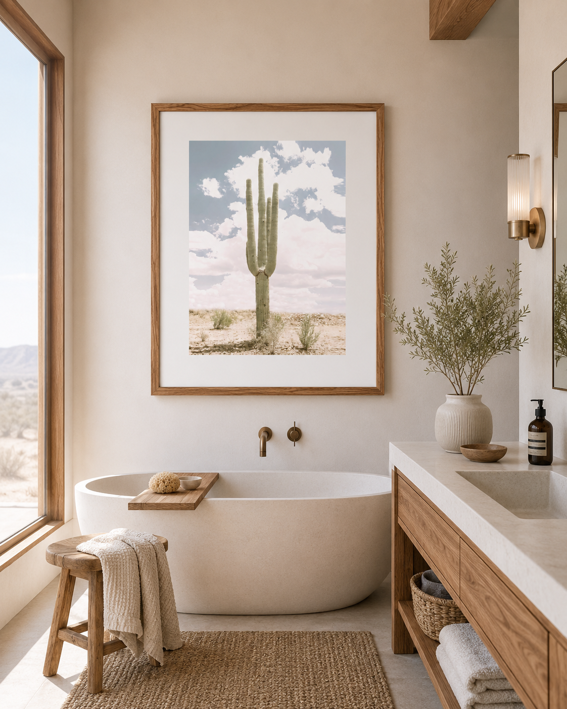 Minimal Saguaro Cactus Photography in Modern Desert Bathroom | Natural Wood Framed Wall Art | Wilder California| Solo Saguaro