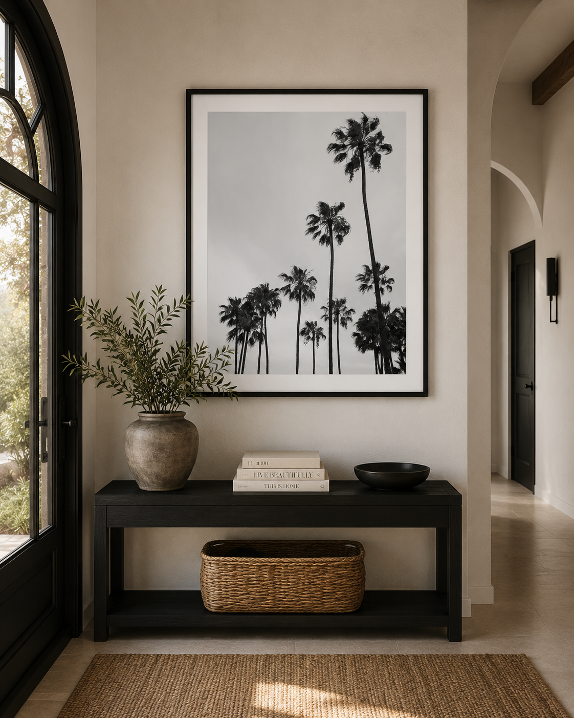 Black and White Palm Tree Wall Art Framed in Modern Desert Entryway | California Coastal Photography Print| Los Angeles Palm Trees No. 1