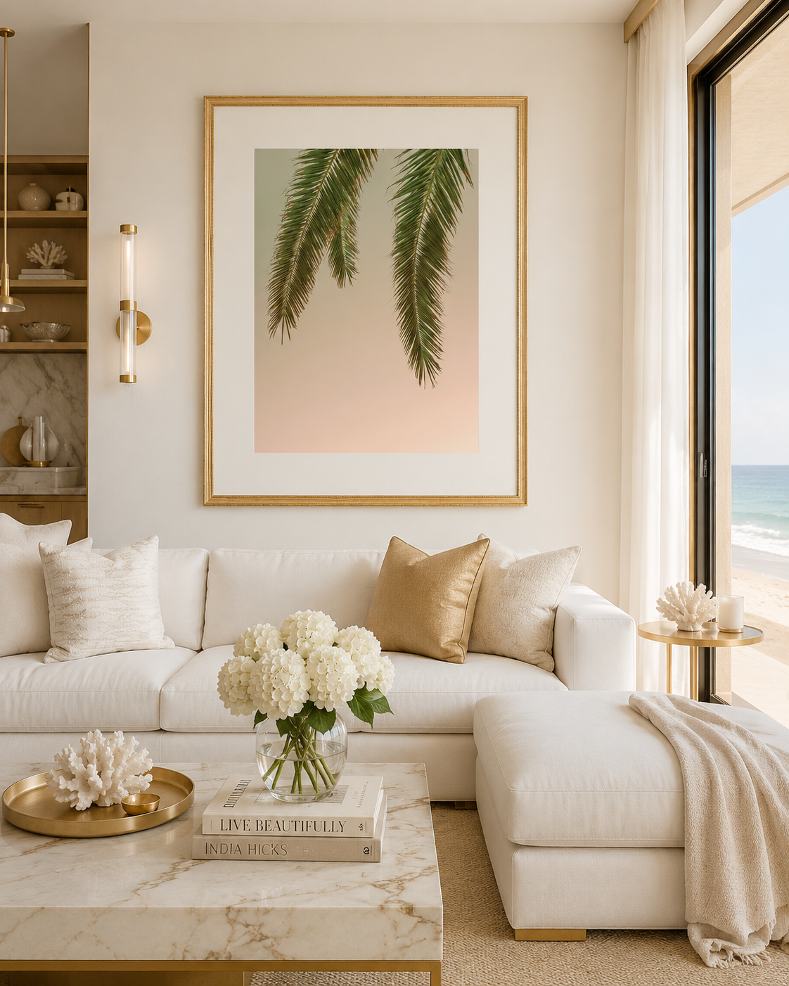 Framed Palm Leaf Photography in Luxury Coastal Living Room | Neutral Tropical Wall Art with Gold Frame | Wilder California