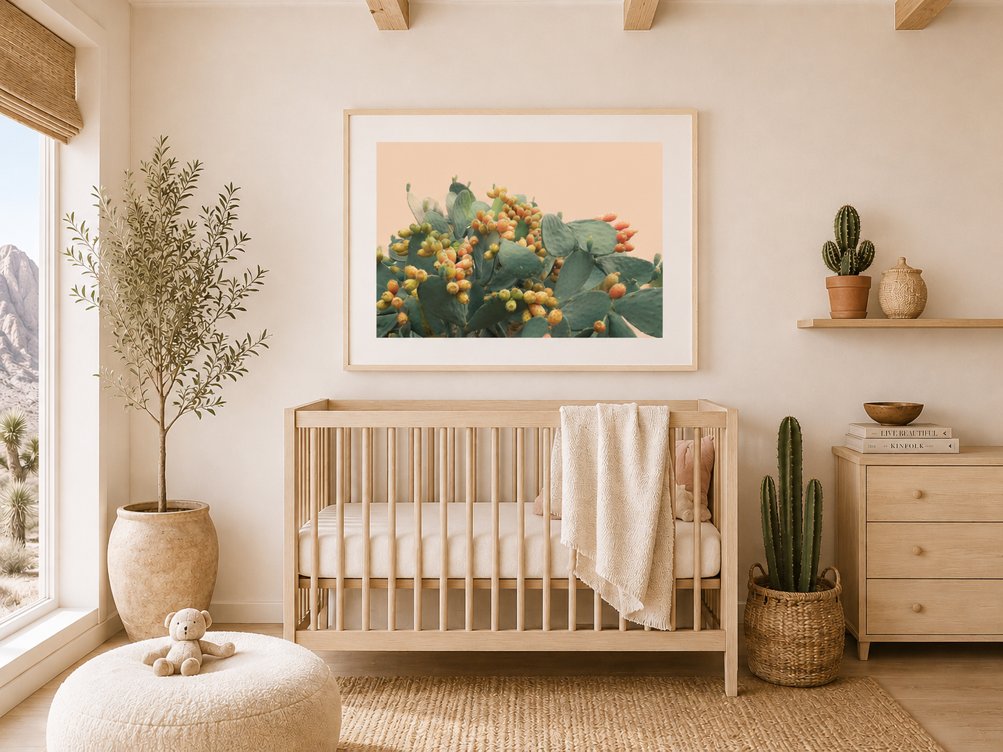 Desert Nursery Wall Art in Light Natural Wood Frame | Modern Cactus Photography for Neutral Baby Room | Wilder California| Prickly Pear No. 1