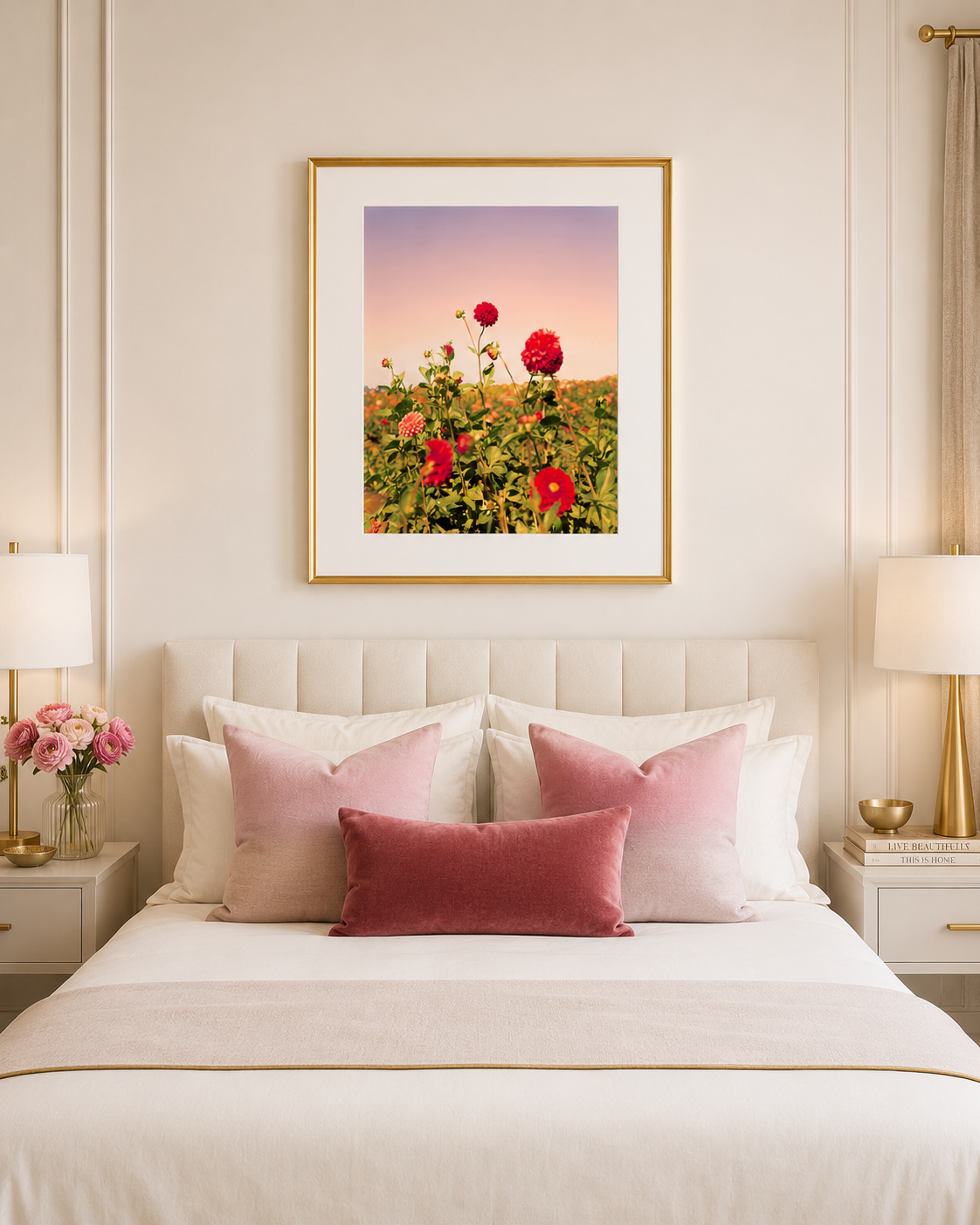 Modern Girls Bedroom Wall Art | Pink Dahlia Field Photography Print in Gold Frame| Flora No. 9