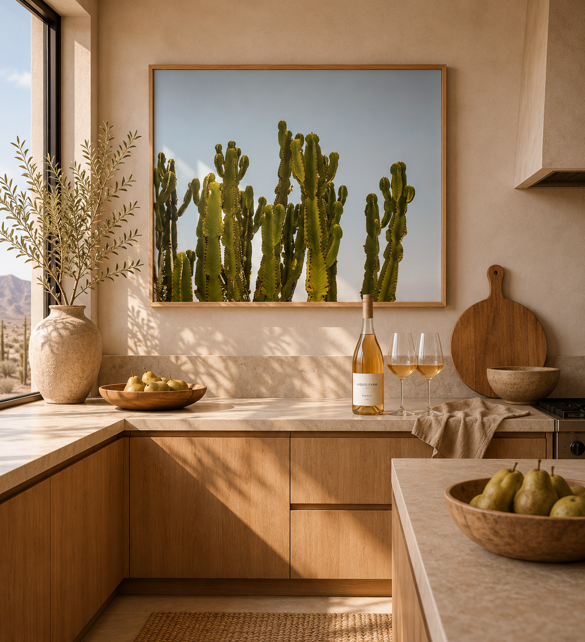 Desert Cactus Wall Art Print in Modern Neutral Kitchen – Minimalist Botanical Photography in Natural Wood Frame| California Cactus No. 3