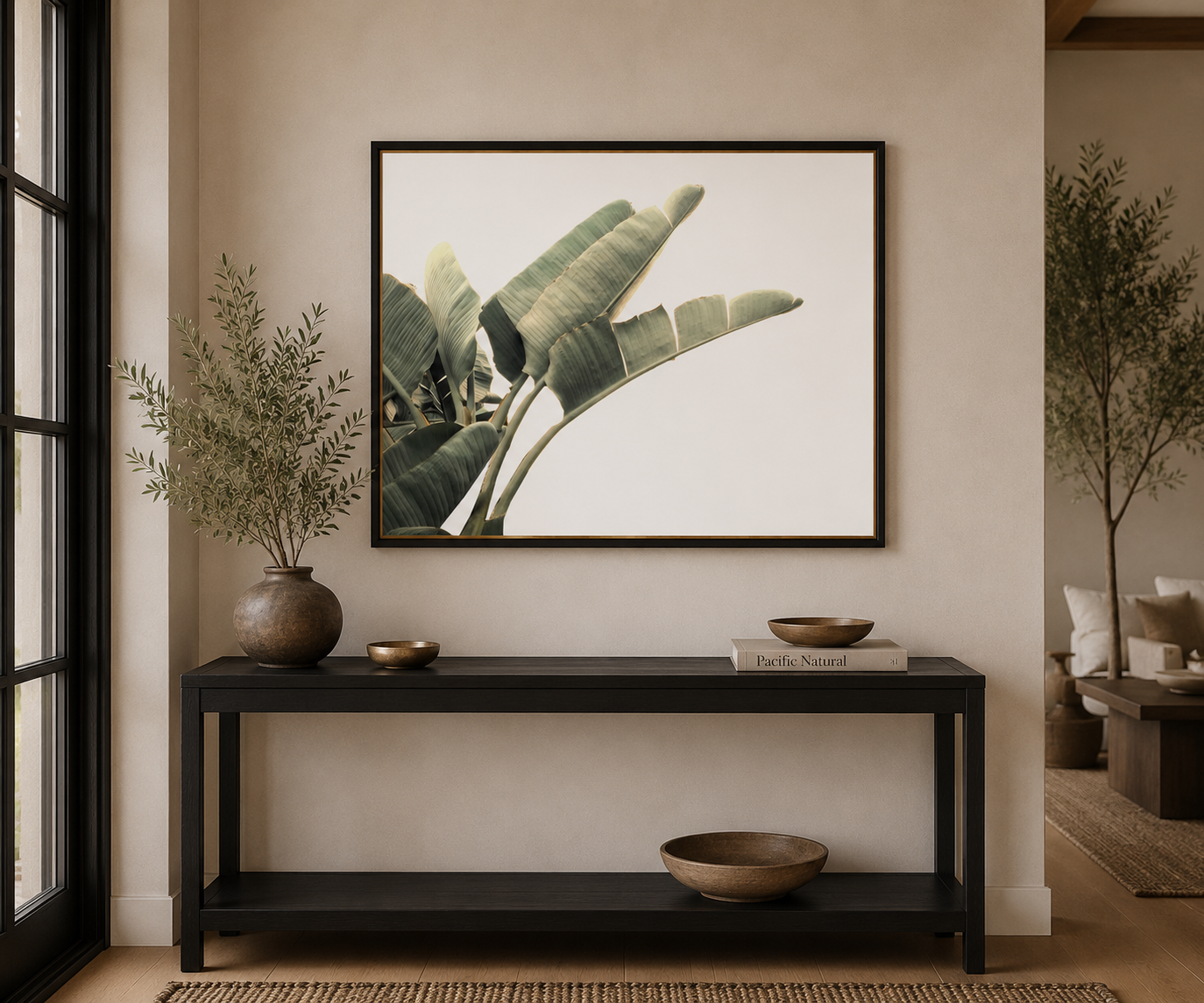 Neutral Tropical Banana Leaf Print Framed in Modern Coastal Entryway | Minimal Botanical Wall Art| Banana Leaf No. 1