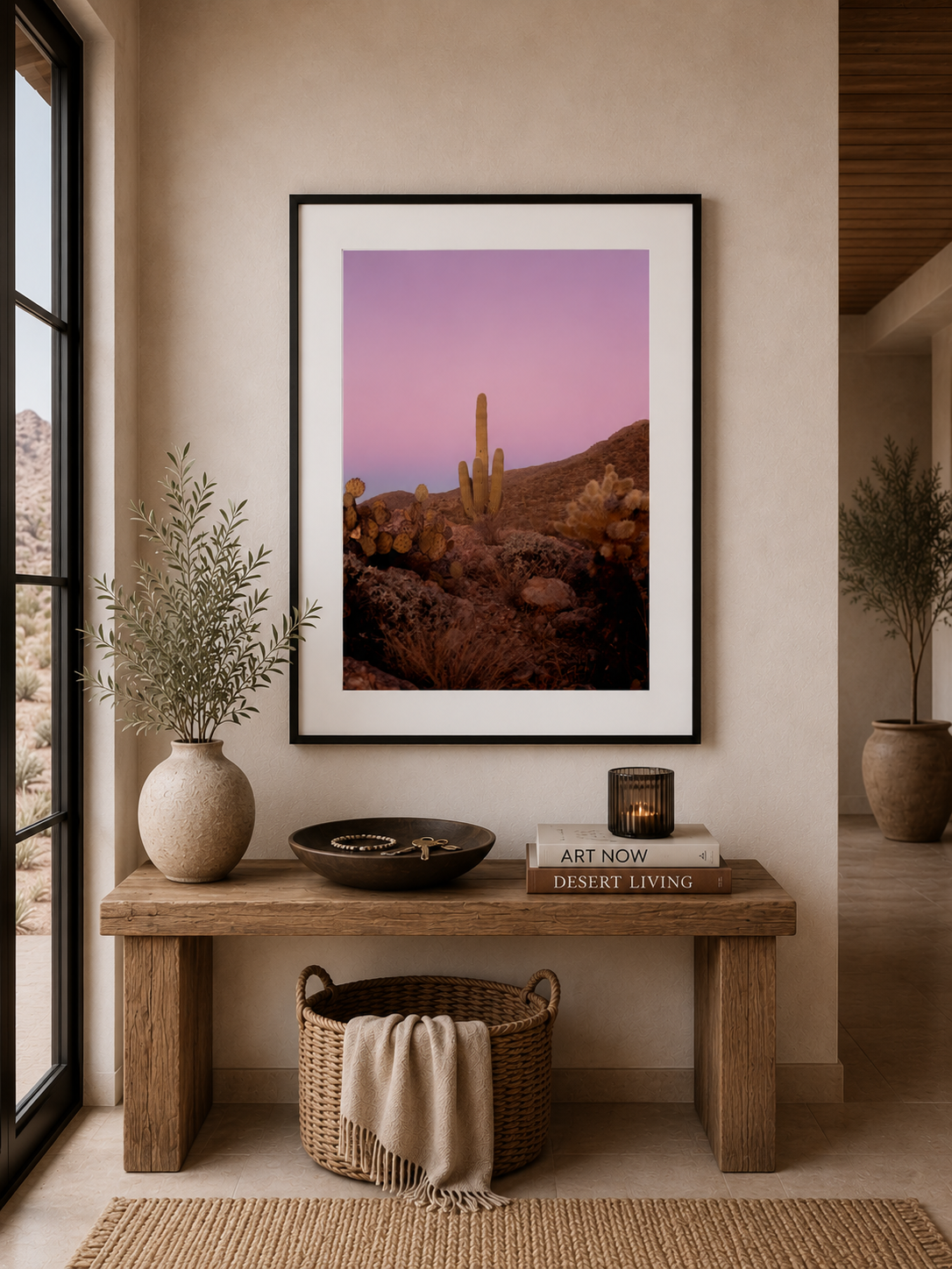 Pink Desert Sunset Cactus Photography in Black Frame | Modern Desert Entryway Wall Art | Wilder California| Saguaro No. 10