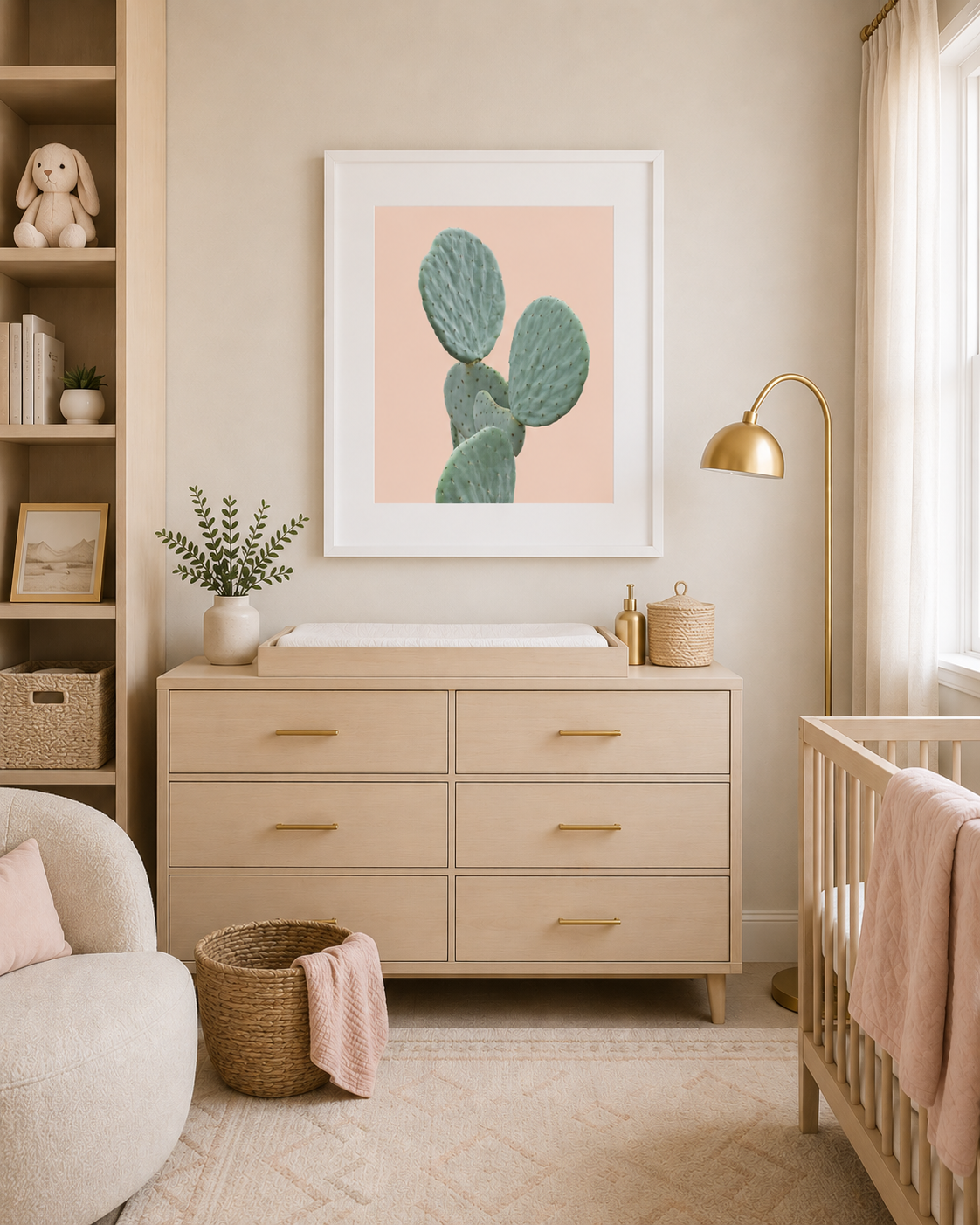 Minimal Prickly Pear Cactus Nursery Wall Art | Neutral Desert Botanical Print in Modern Gold Nursery| Minimal Cactus Print