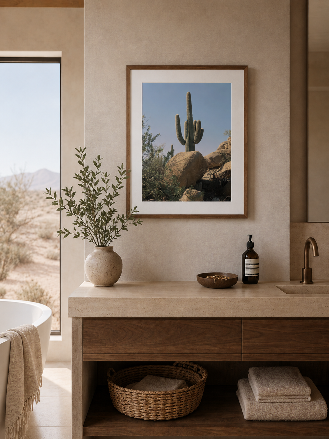 Framed Saguaro Cactus Photography in Modern Desert Bathroom | Neutral Southwest Wall Art | Wilder California| Saguaro No. 14