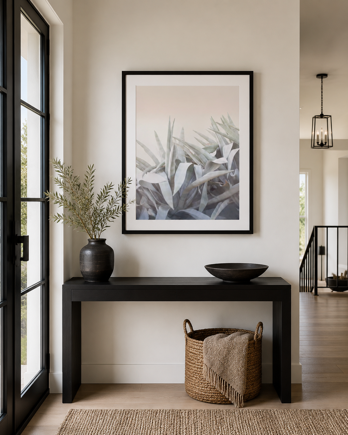 Minimalist Botanical Desert Print in Modern Entryway | Black Framed Neutral Wall Art | Wilder California| Pastel Agave Print