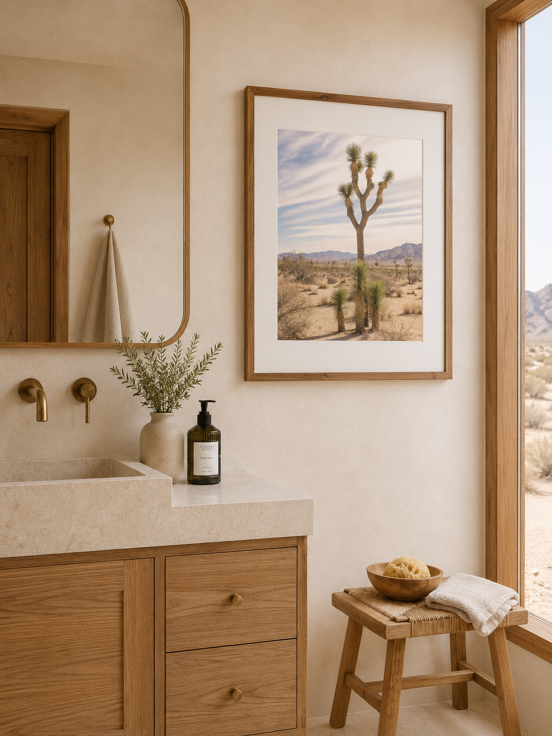 Joshua Tree Bathroom Wall Art in Light Walnut Frame | Neutral Desert Photography for Organic Modern Bathroom Decor|Joshua Tree No. 7