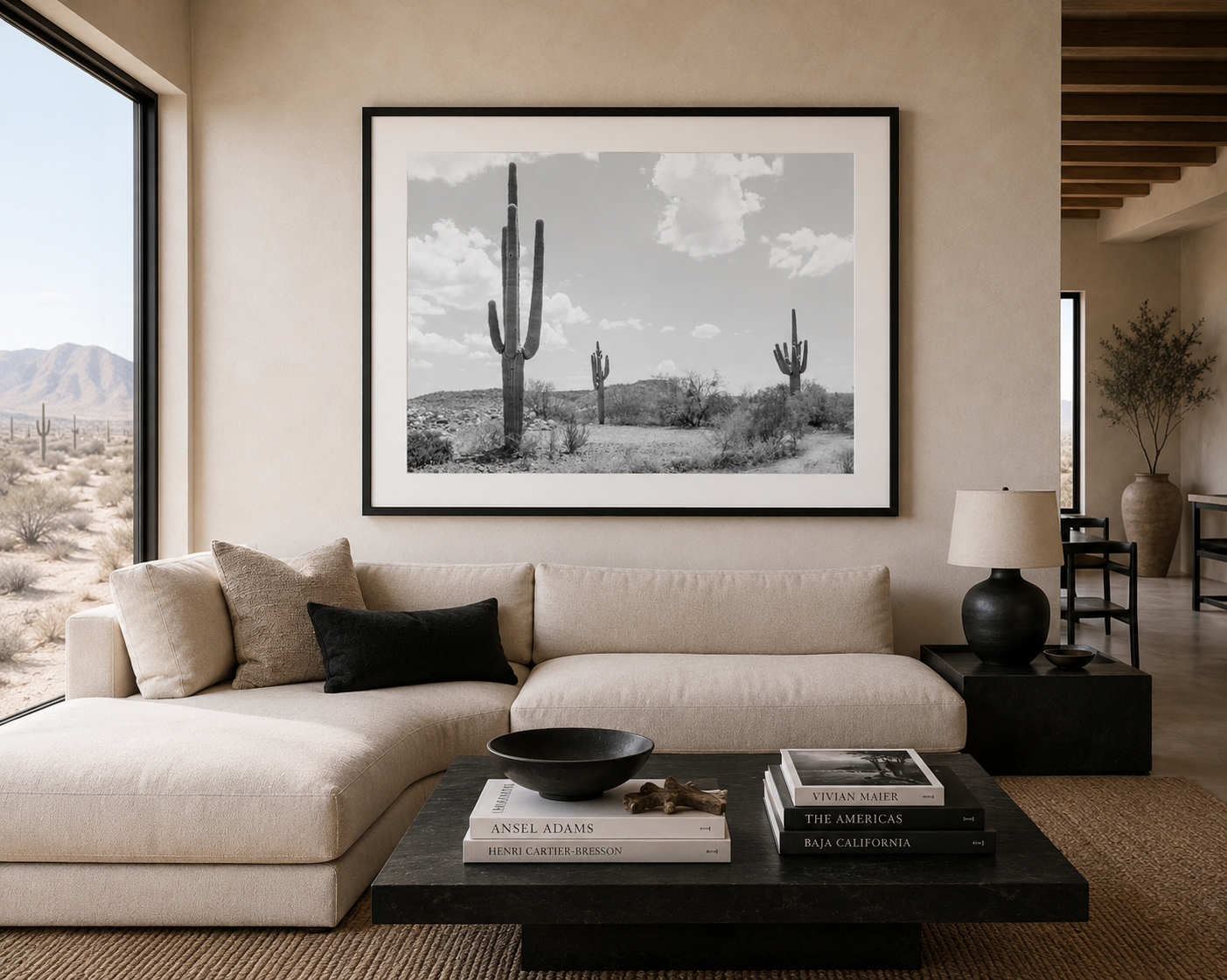 Black and White Desert Cactus Photography|  Modern Desert Living Room | Framed Southwest Wall Art | Wilder California| Three Saguaro