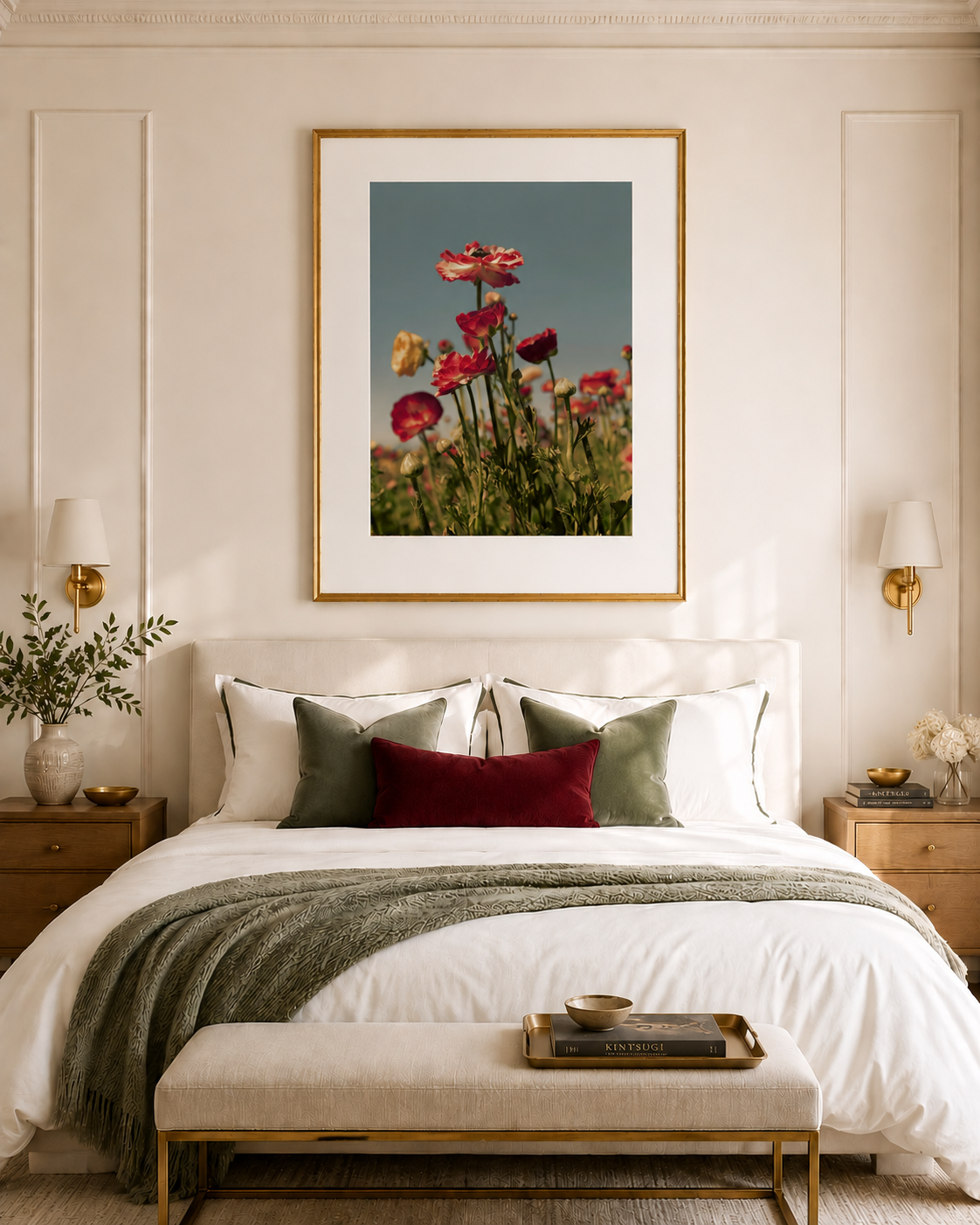 Ranunculus Flower Field Wall Art in Gold Frame | Romantic Floral Photography for Elegant Neutral Bedroom Decor| Flora No. 16