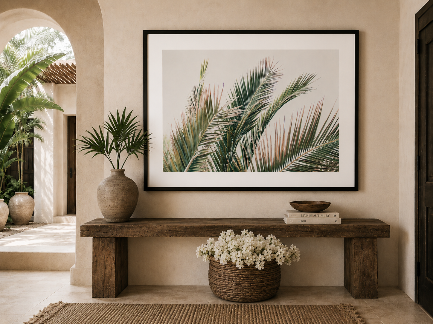 Neutral Tropical Palm Print Framed in Mediterranean Entryway | Modern Coastal Wall Art in Black Frame| Stormy Gray Palm Tree