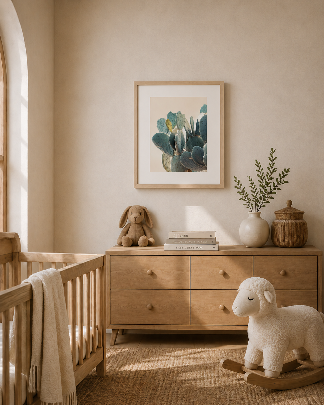 Blue Cactus Nursery Wall Art in Light Oak Frame | Neutral Desert Nursery Decor Print| Desert Details