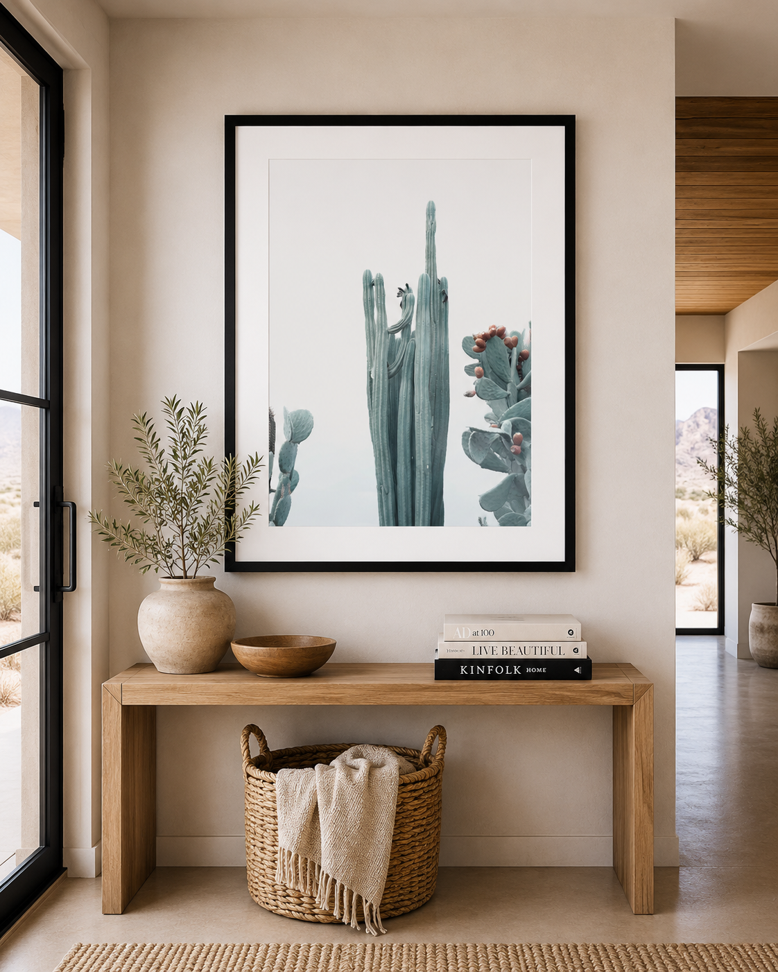 Minimalist Cactus Wall Art in Black Frame | Airy Desert Entryway Decor | Wilder California| Winter White No. 1