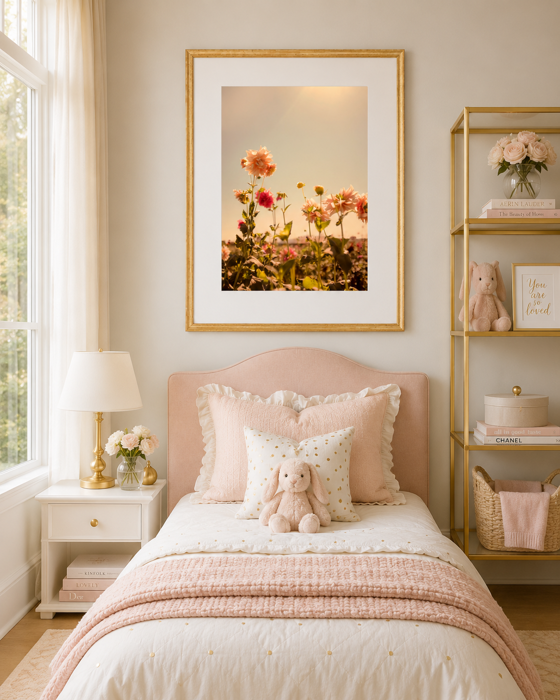 Framed Floral Photography in Luxury Girls Bedroom | Feminine Blush Pink Wall Art with Gold Frame | Wilder California| Flora No. 4