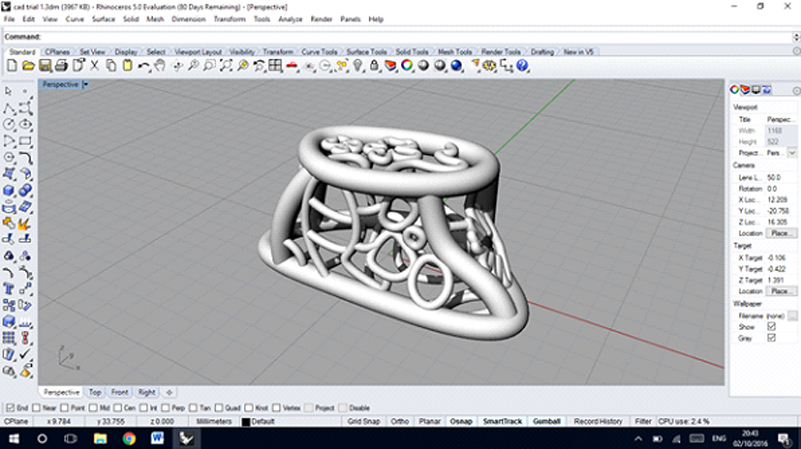 I initially thought using a 3D pen would be a good way to create quick tangible samples but with the pen that I tried I wasn't able to get the control and precision I required. Next with help from the more computer savy technicians we tried taking photos of the metal sample I had made, so I could create a 3D scan/model of it. The very small detailed, reflective metal surface meant the 3D model was very rough and not really what I was aiming for. Onto plan C, I was taught the basics of how to use the CAD softwear 'Rhino'. So I could try 3D printing my own digital designs.
