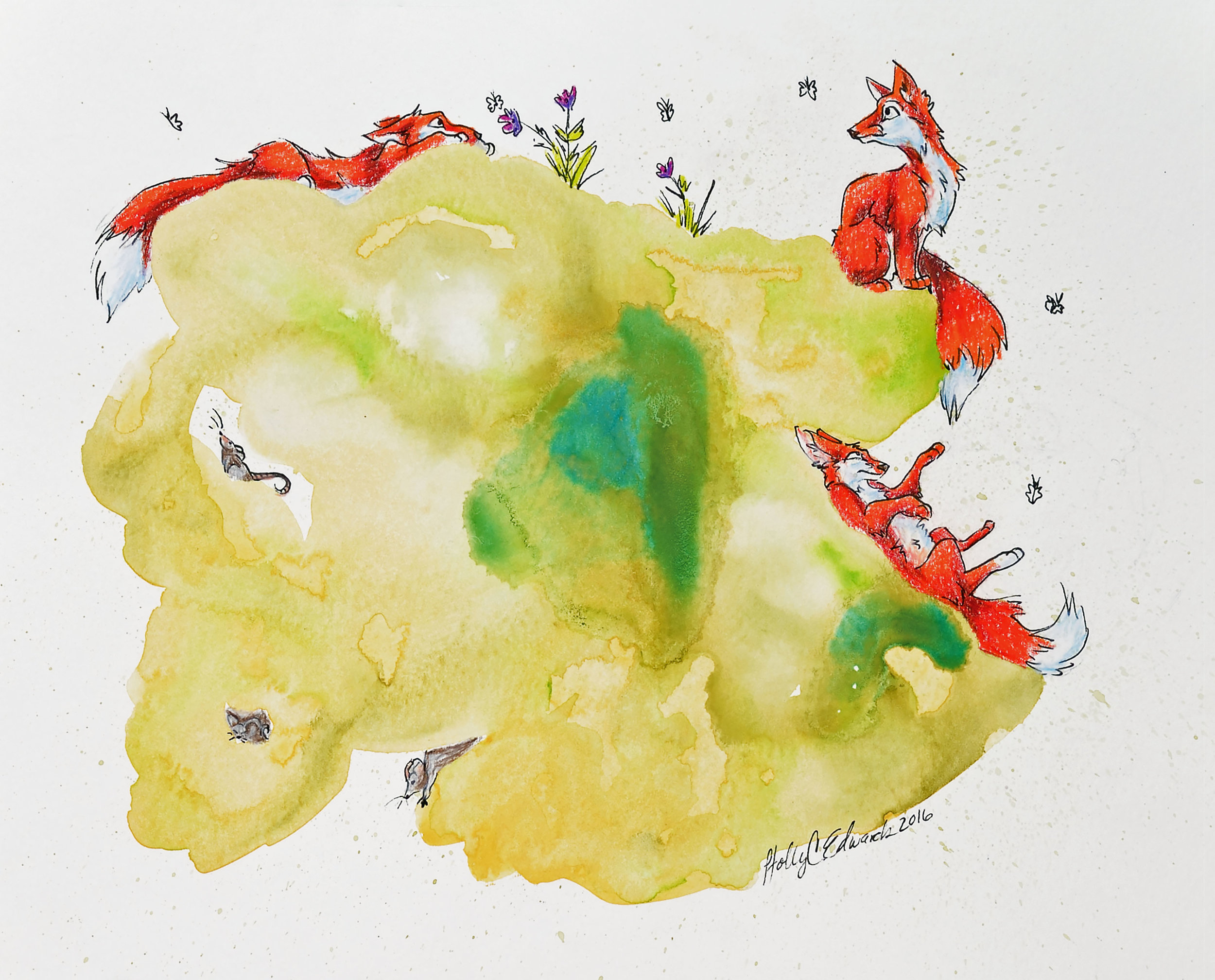 'Foxing Around', Watercolor and Colored Pencil, SOLD