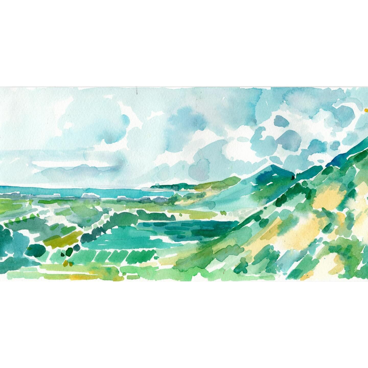 View from my favorite hike in town. Just added this and other original paintings to my online shop 🌴 http://www.jessica-june.com/originals
.
.
.
.
.
.
.
.
. #watercolor #illustration #santabarbara #sblife #805living #805 #pleinairpainting #santabarb