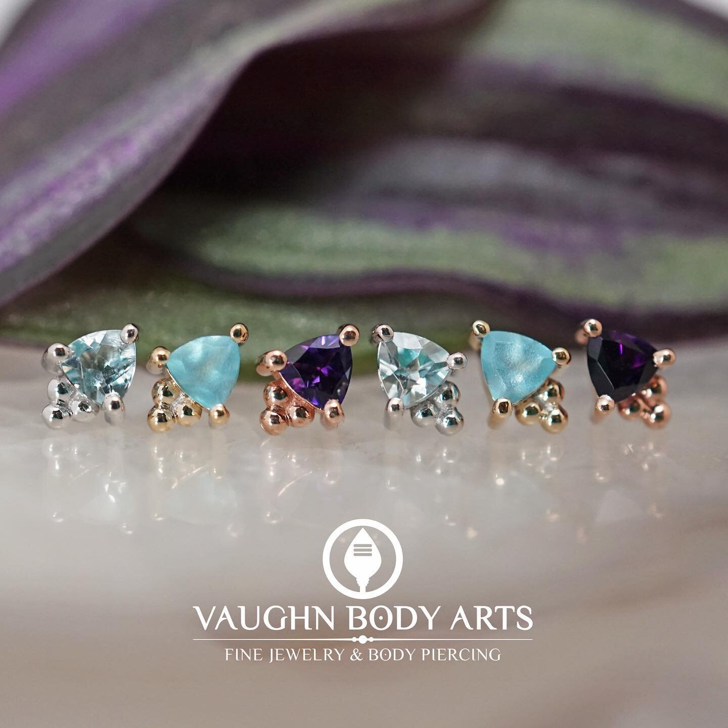 Here are some lovely new BVLA pieces that just arrived at the studio! 

These &ldquo;Timka&rdquo; threadless ends have a 3mm trillion cut gemstone with a cute little tri-bead accent. 

Pictured here we have them in White Gold with genuine Aquamarine,