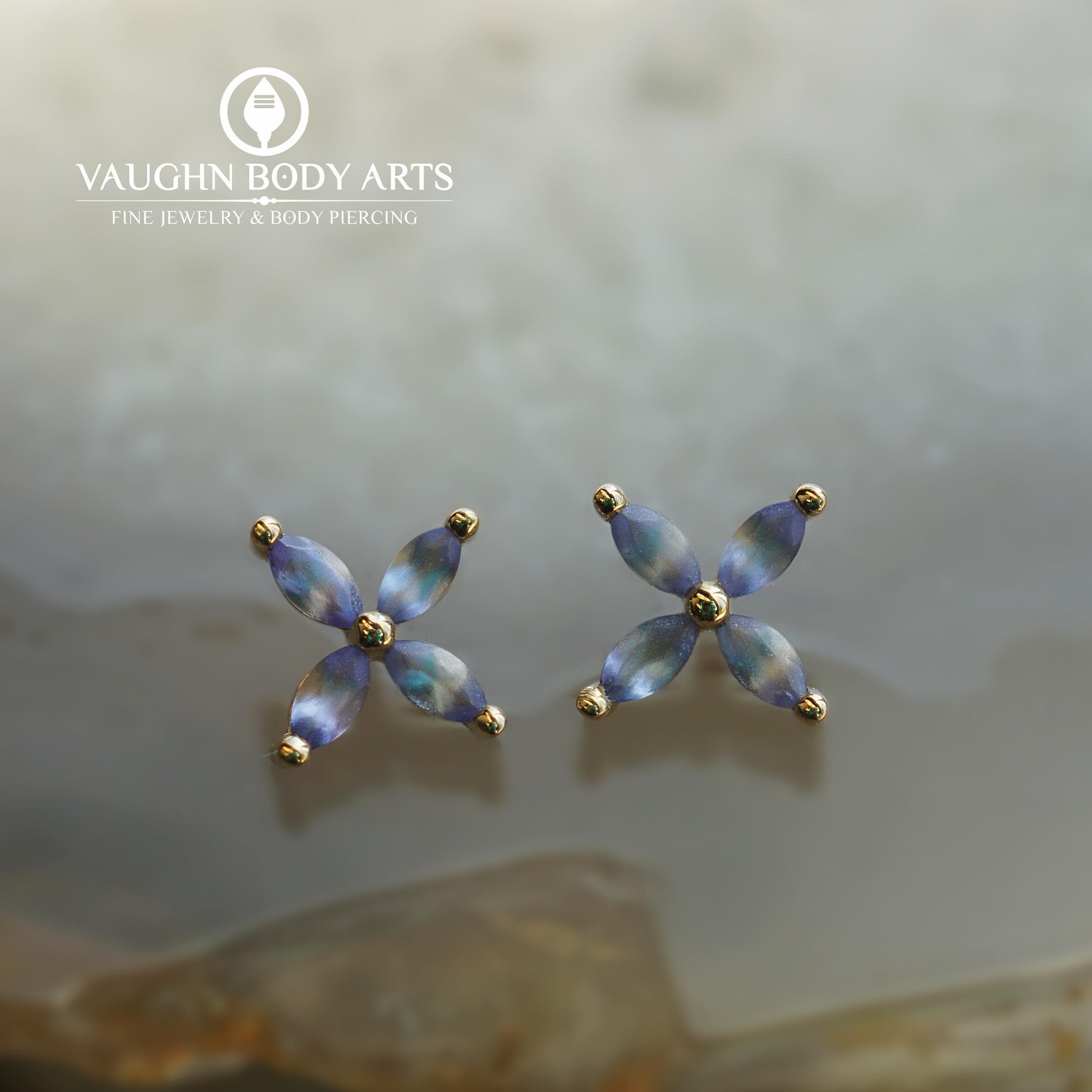 This pair of &ldquo;Ilium&rdquo; threaded ends from BVLA has become one of our favorite designs in the studio. 

Solid Yellow Gold with sandblasted genuine Tanzanite. 

These are even more gorgeous in person, and we are dying to see these in some fun