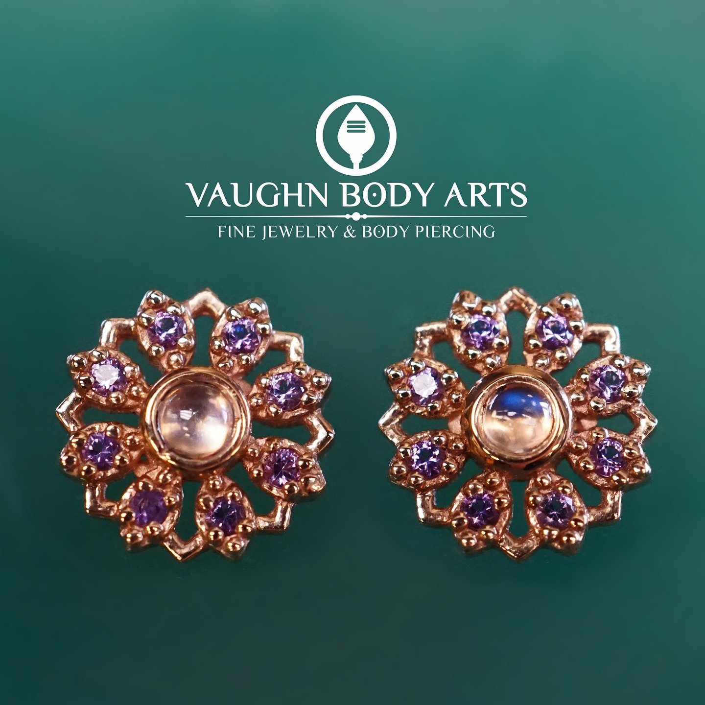 One of our favorite designs by BVLA; The Rosette! 

These Rosette&rsquo;s are incredibly detailed and filled with Genuine Amethyst and Rainbow Moonstone. 

They also have a super low profile, so they sit very flush to the skin. They look amazing in n