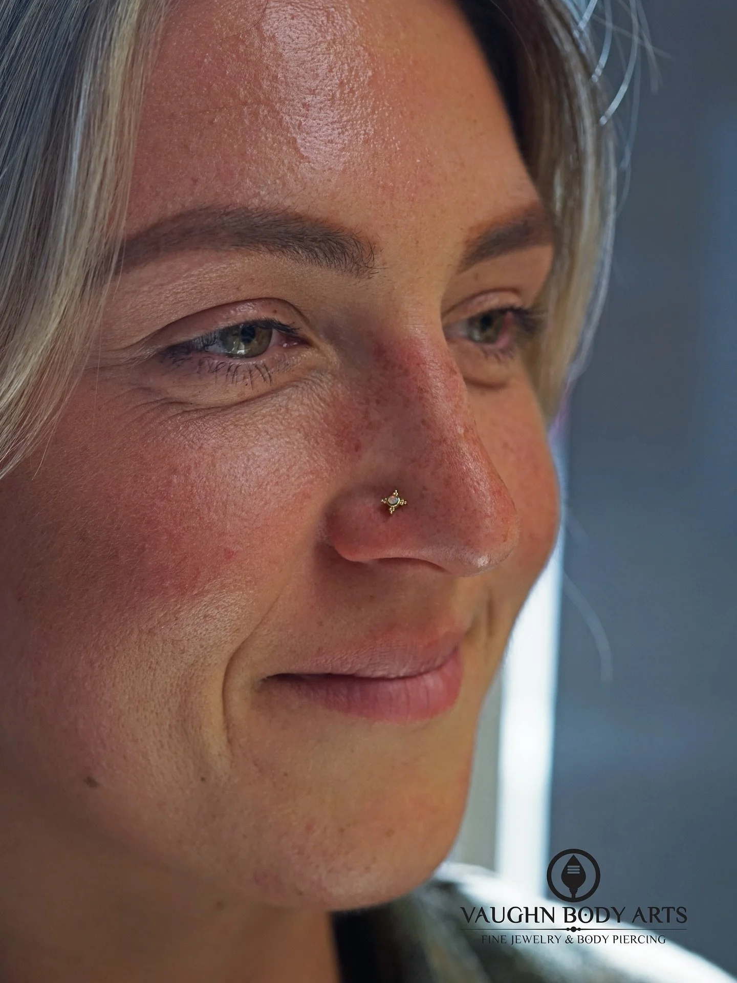 We got to do this lovely nostril piercing for Ashley.

She looks incredible with this gorgeous &ldquo;Mini Kandy&rdquo; from BVLA. Solid Yellow Gold with a genuine opal. 

Mini Kandy&rsquo;s are one of our absolute favorite designs for nostril pierci