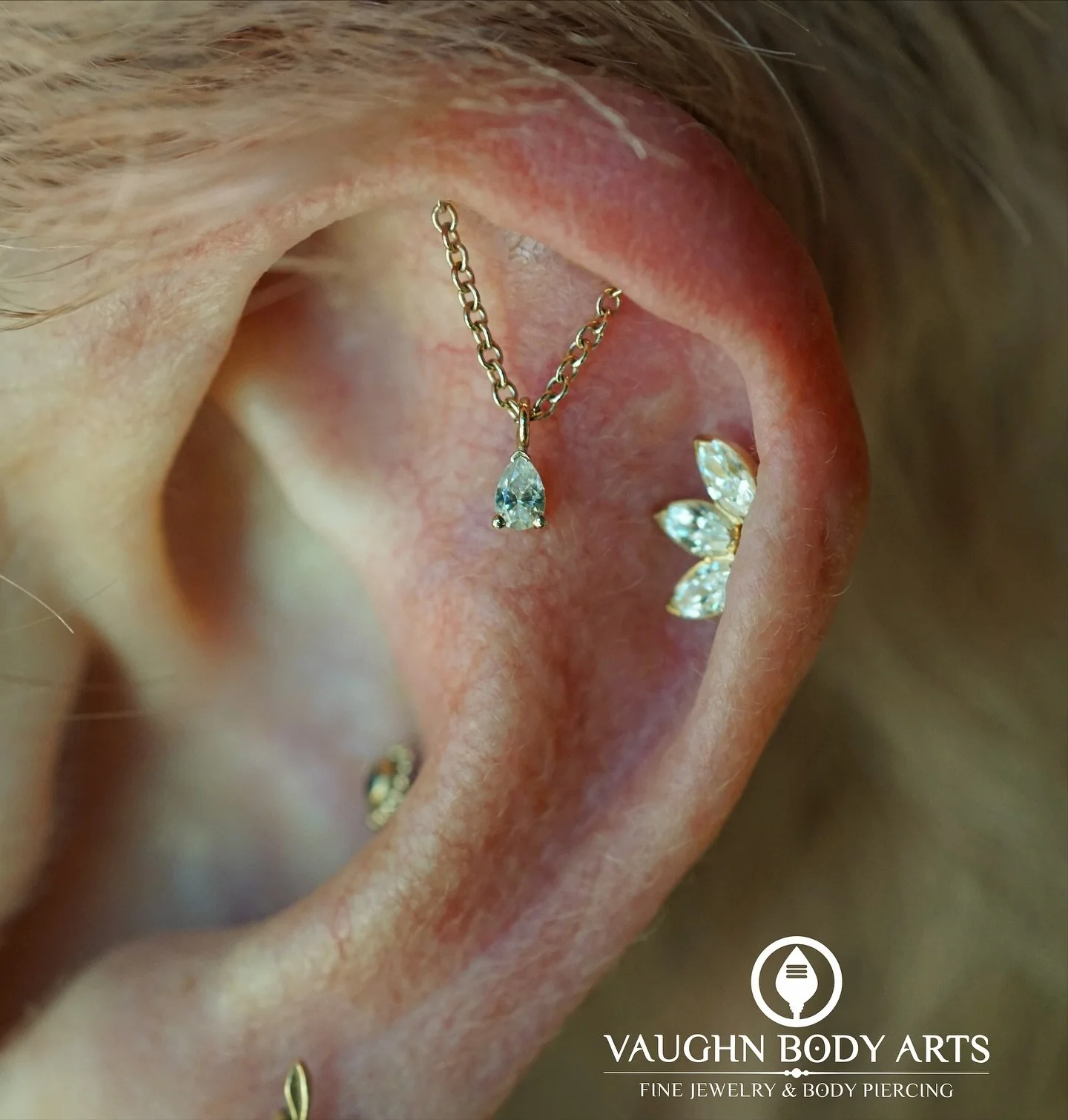 We just received some of these &ldquo;Kendall Pear&rdquo; designs from BVLA, specifically made for hidden helix piercings.

This gorgeous one in Yellow Gold only lasted a day on display. Here it is in a new hidden helix piercing we got to do for Heid