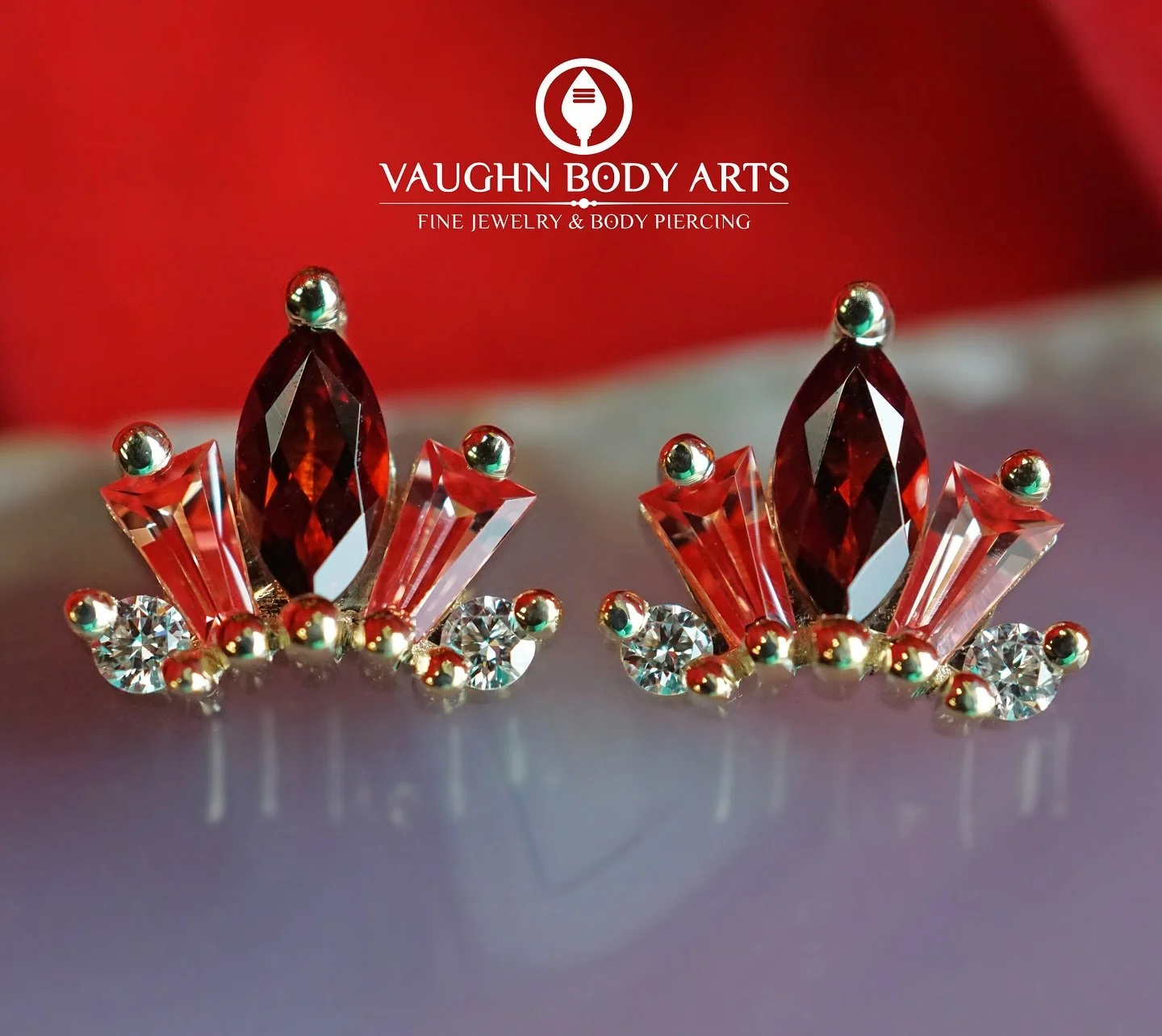 ‼️✨New BVLA jewelry arrived!✨‼️

&ldquo;La Princesa&rdquo;

White Diamonds, Padparadscha Sapphires, and Garnet. 

Set in solid Yellow Gold. 

#vaughnbodyarts #bvla #bvlalove #piercing #bodypiercing #bodyjewelry #goldjewelry #monterey #carmel #bigsur 