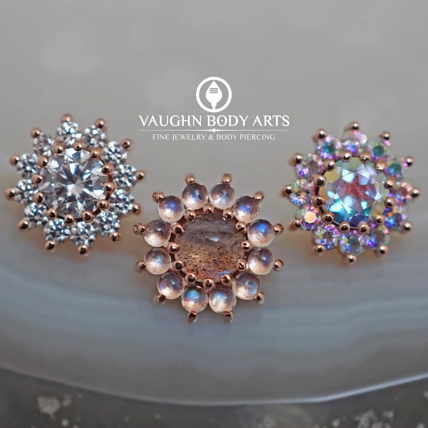 The &ldquo;Rose&rdquo; from BVLA has been a long time favorite for our clients here at Vaughn Body Arts. 

Pictured on the left we have clear CZ&rsquo;s set in Rose Gold (also in stock in Yellow Gold), in the middle is Rainbow Moonstones and Labrador