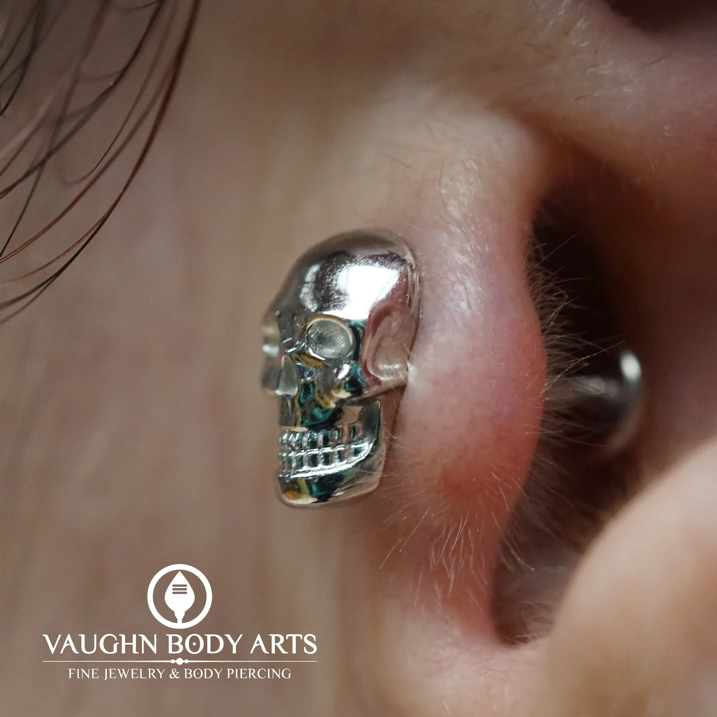 October is our favorite time of the year, and anything spooky related, we&rsquo;re down. 

Vaughn got to do this awesome tragus piercing for Kristin two months ago with a white gold Skull from BVLA. 

We love how detailed this piece is compared to ot