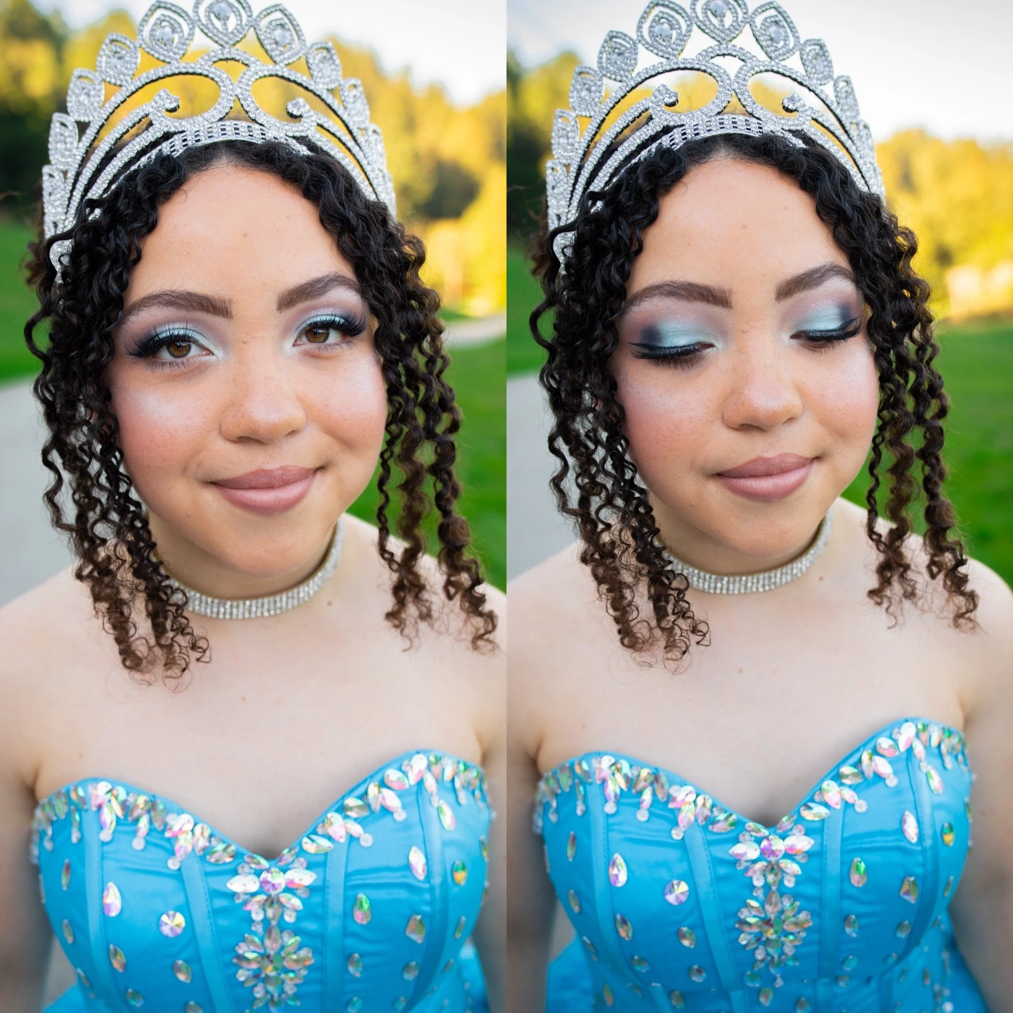 A teenage girl with glam makeup applied for quinceñera style photos. 