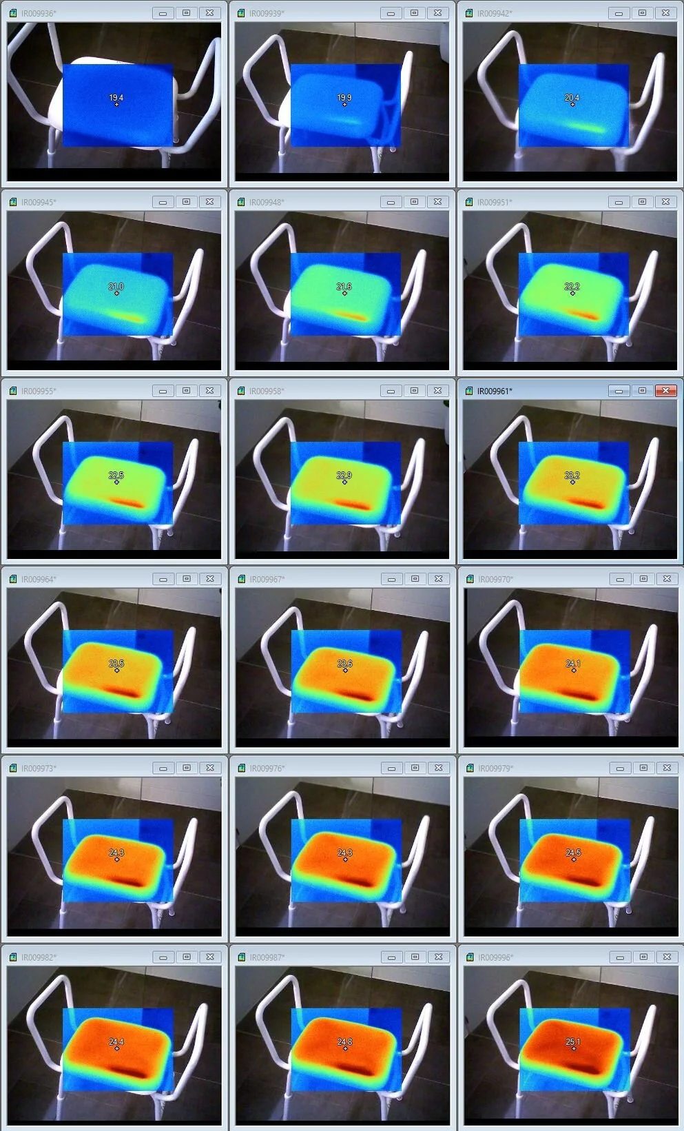 Thermal images of a vinyl covered shower stool 1.9 metres below the ceiling-mounted 600W far infrared heater panel at 0-17 minutes after switching the panel on.