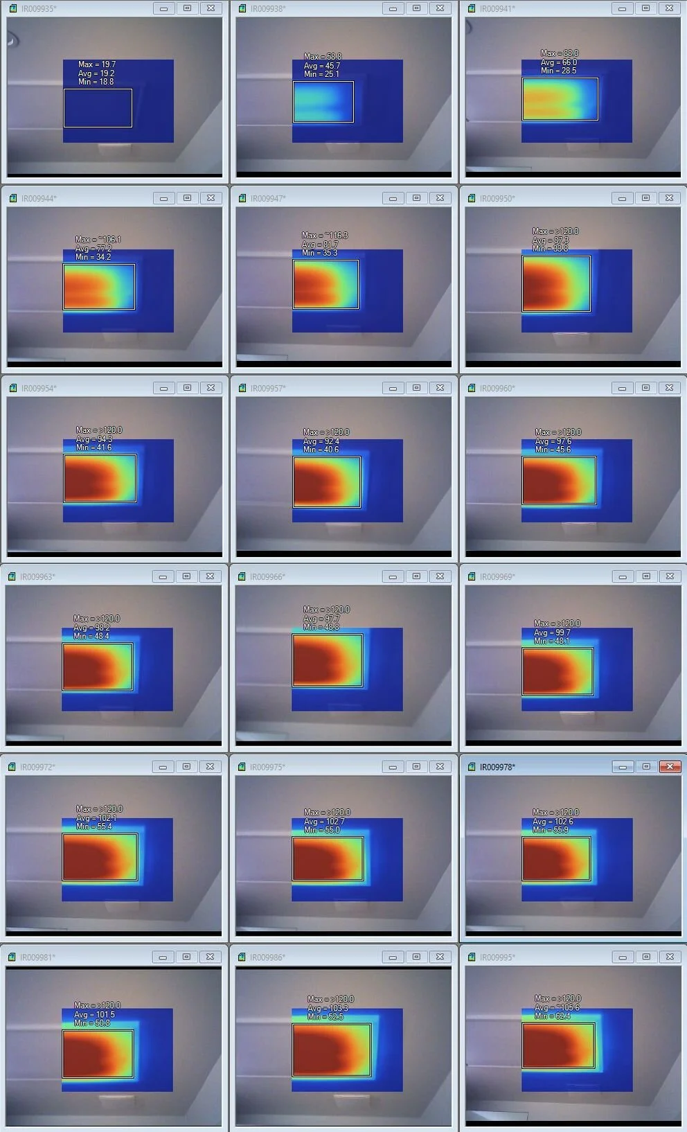 Thermal images of one end of the ceiling-mounted 600W far infrared heater panel at 0-17 minutes after switching on.