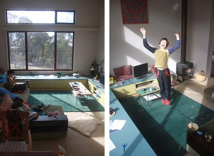 Jumping for joy at the Bywong House at 12:30 pm.