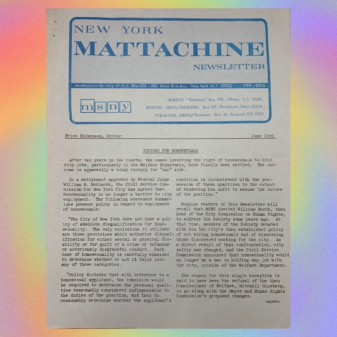 𝚅𝙸𝙲𝚃𝙾𝚁𝚈 𝙵𝙾𝚁 𝙷𝙾𝙼𝙾𝚂𝙴𝚇𝚄𝙰𝙻𝚂 💥
.
🗞 MSNY Newsletter from the month of the Stonewall uprising. The essay on page 10 became the season 3 mini episode. 🎉
.
Don&rsquo;t change that dial! 📻 We finally made it &ldquo;from the beginning t