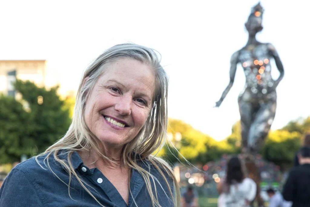 Dana in front of her sculpture Tara Mechani in Hayes Valley Green, San Francisco. Photo by Jana Asenbrennerova / SF Chronicle
