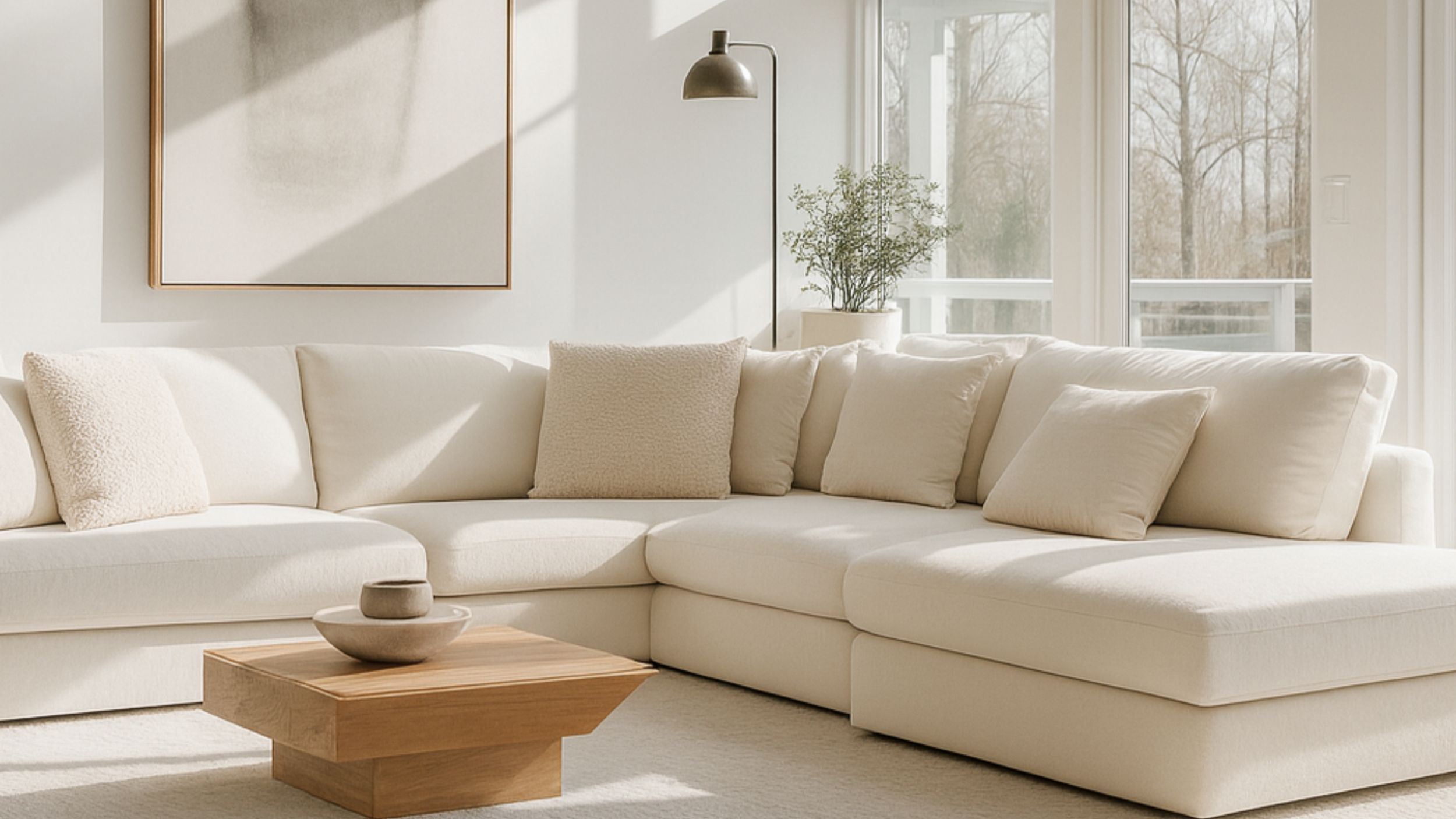 Bright modern living room with cream sectional sofa, neutral throw pillows, wooden coffee table, large windows, and indoor greenery, showcasing minimalist Scandinavian interior design style.