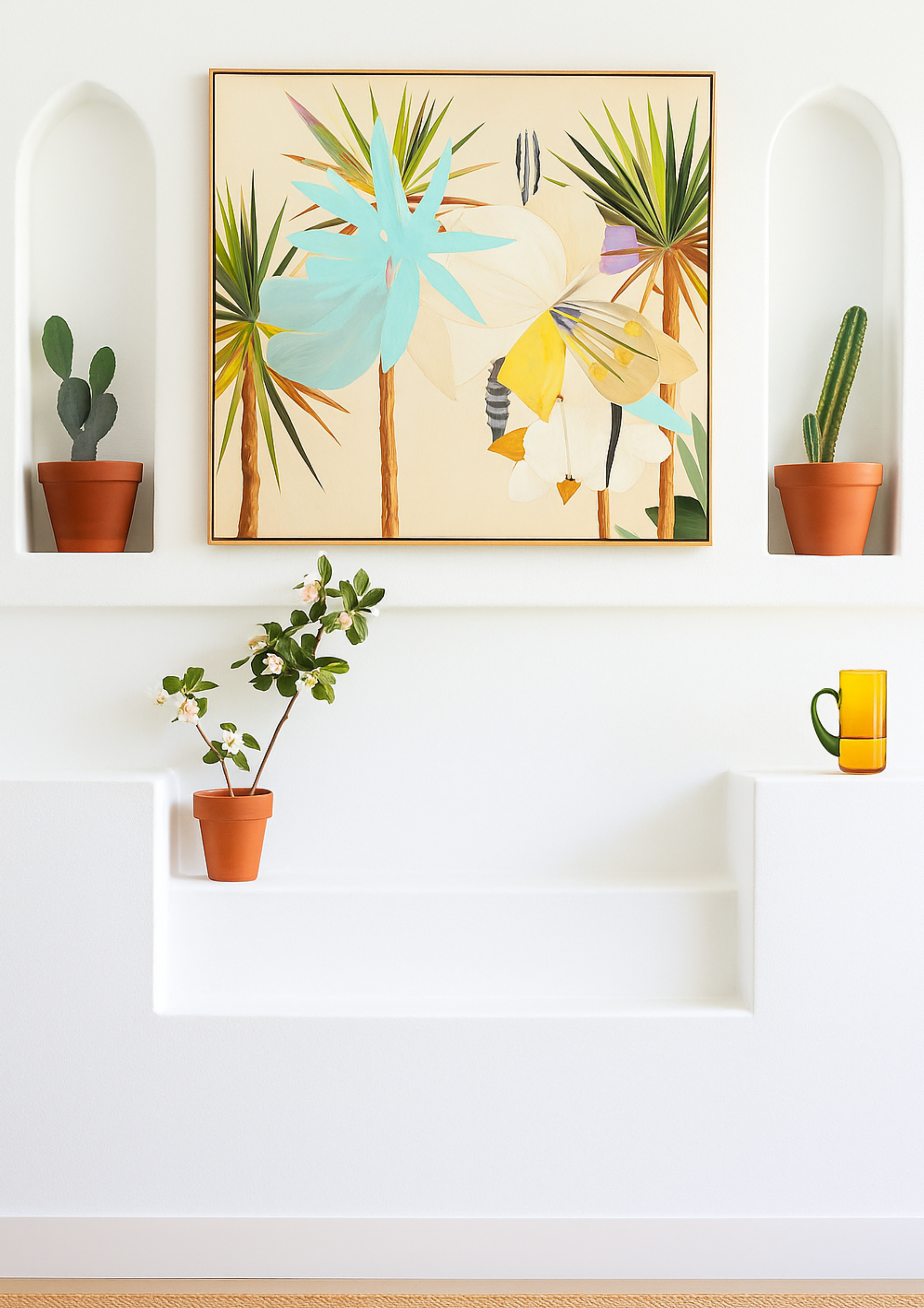 White wall niche with tropical wall art, potted plants, and minimalist decor, creating a vibrant modern bohemian-inspired interior design.