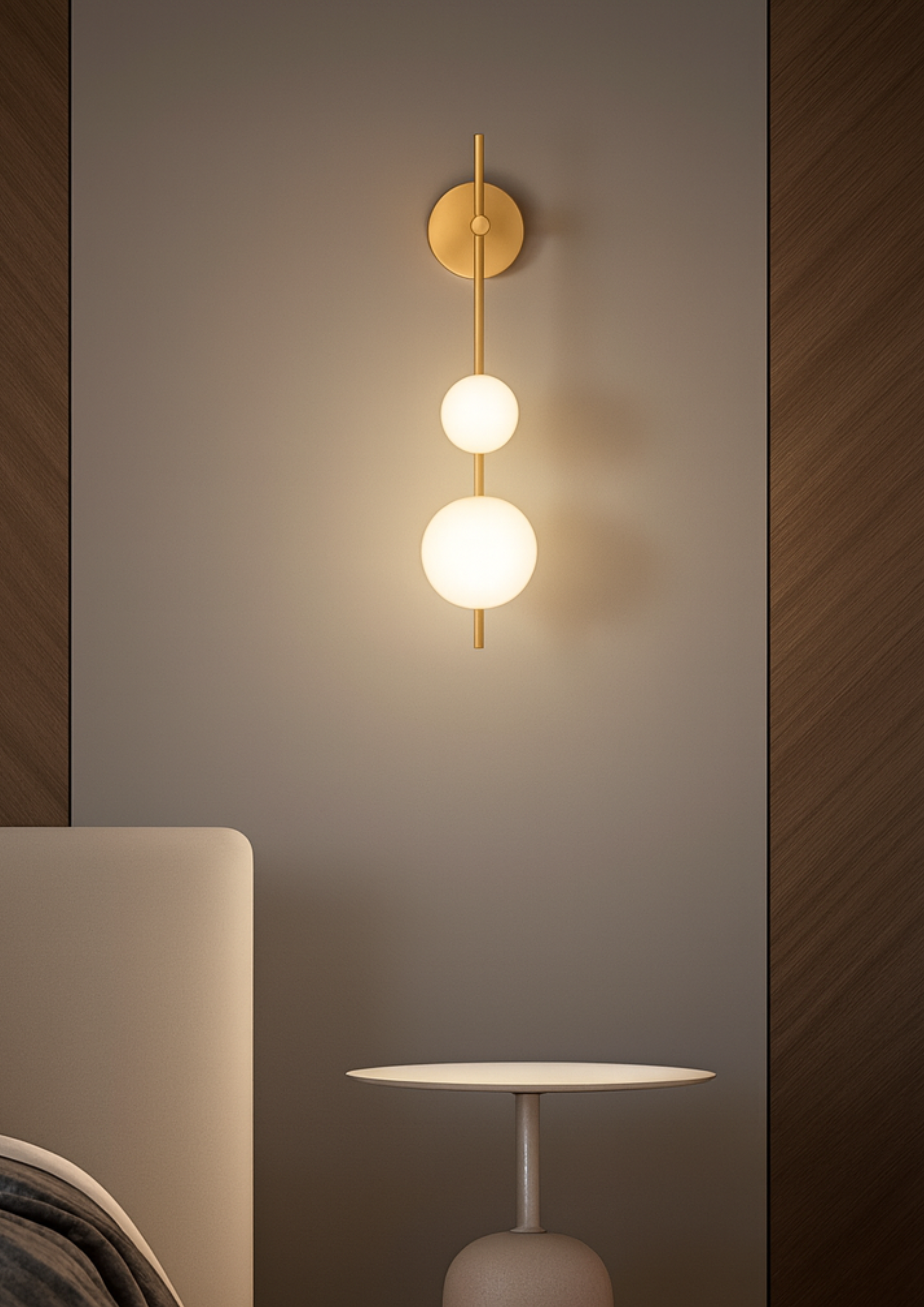 Wall sconce with brass fixture and frosted glass globes, styled beside a minimalist bedside table, showcasing modern bedroom lighting design.