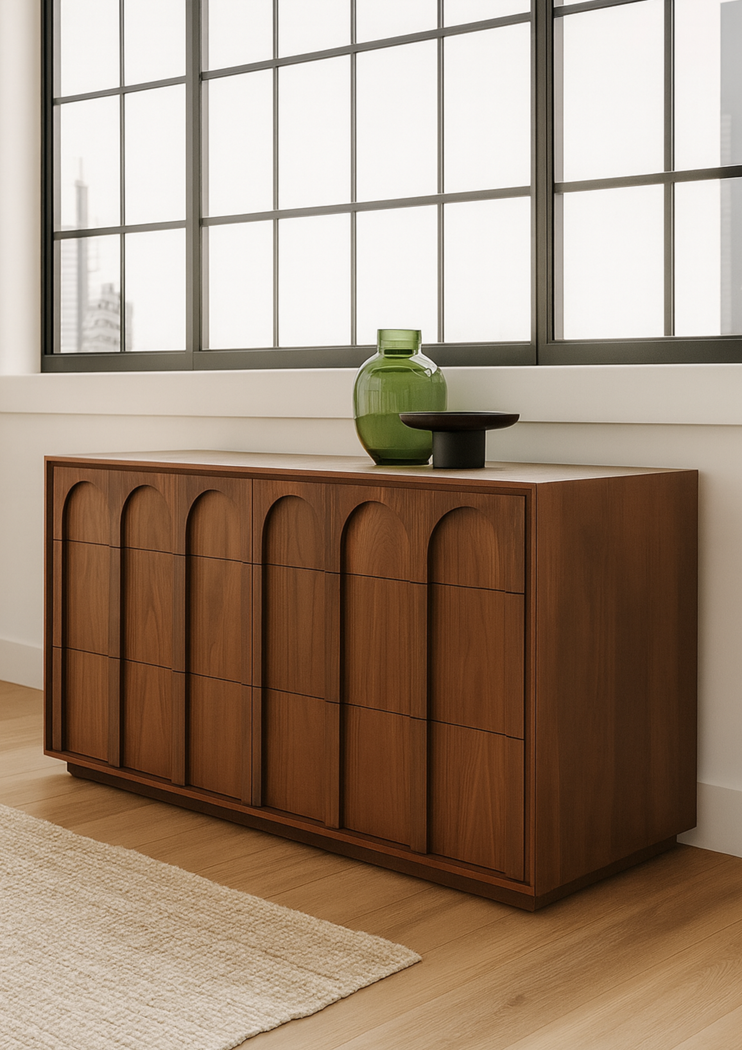 Contemporary wooden sideboard with arched panel detailing, styled with a green glass vase and ceramic bowl, highlighting modern minimalist interior design.
