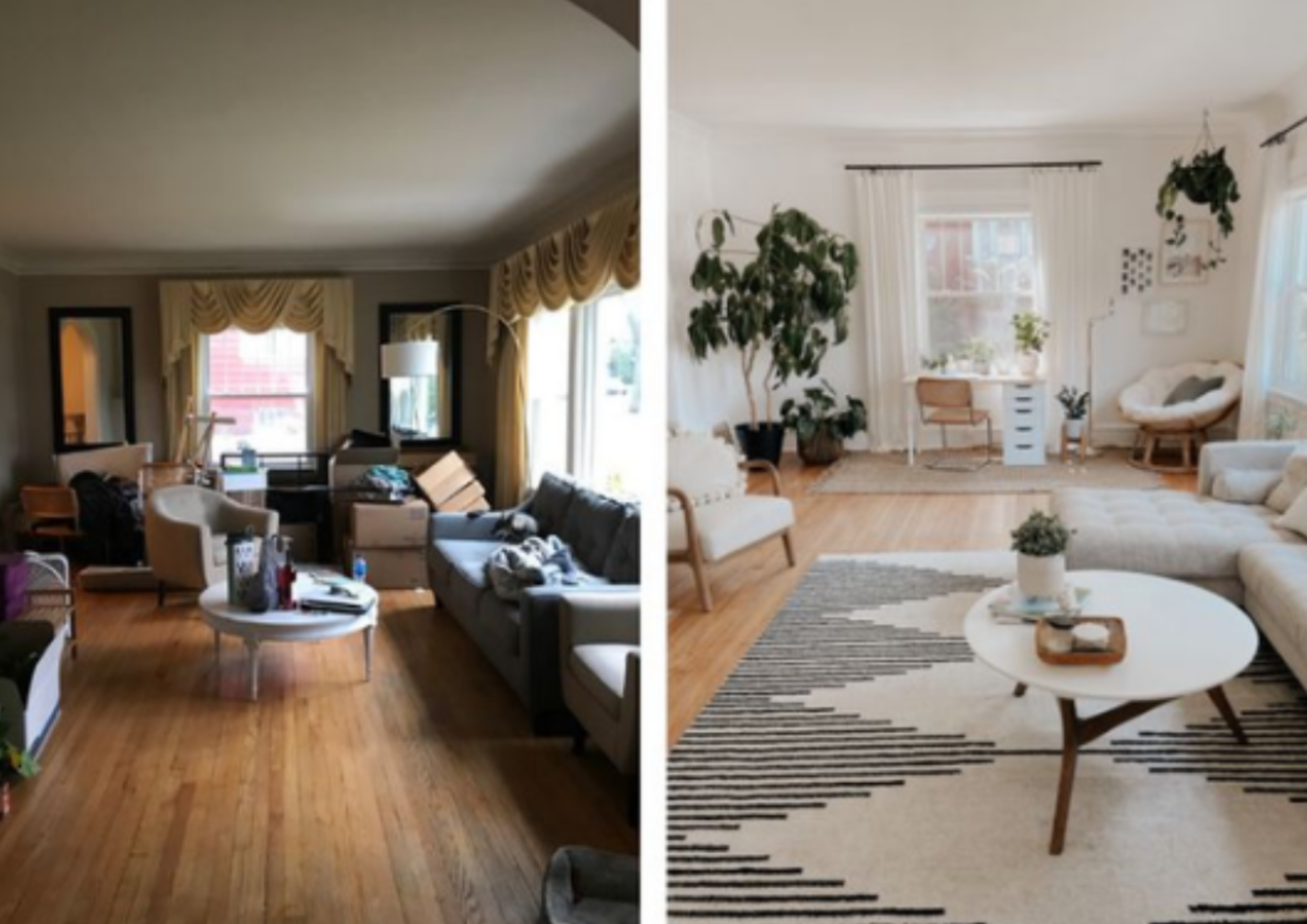 Before and after living room makeover showing cluttered outdated space transformed into bright modern minimalist interior with white walls, plants, geometric rug, and stylish furniture.